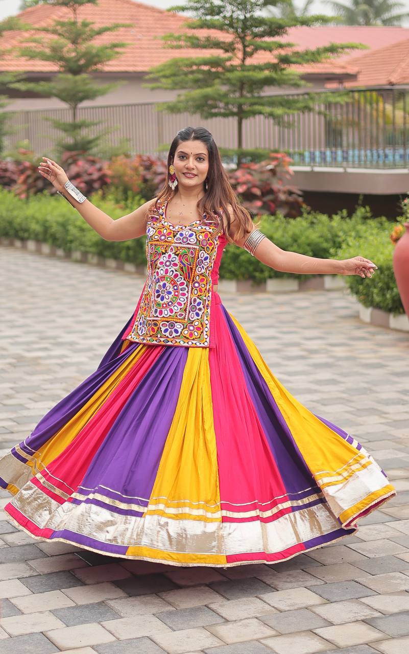 Royal Multicolor Cotton Gamathi Work Lehenga Choli For Dandiya Festival - Image 2
