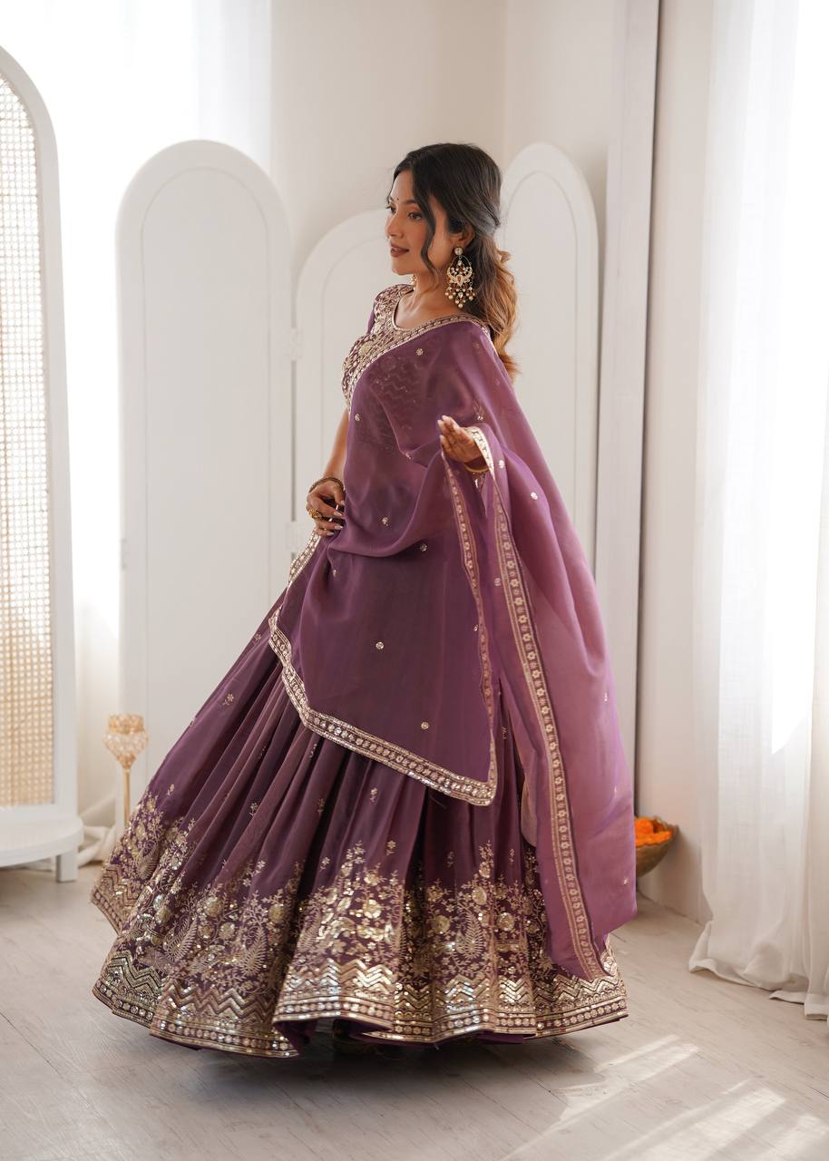 Royal Onion Shimmer Silk Thread Sequence Work Lehenga Choli Set - Image 5