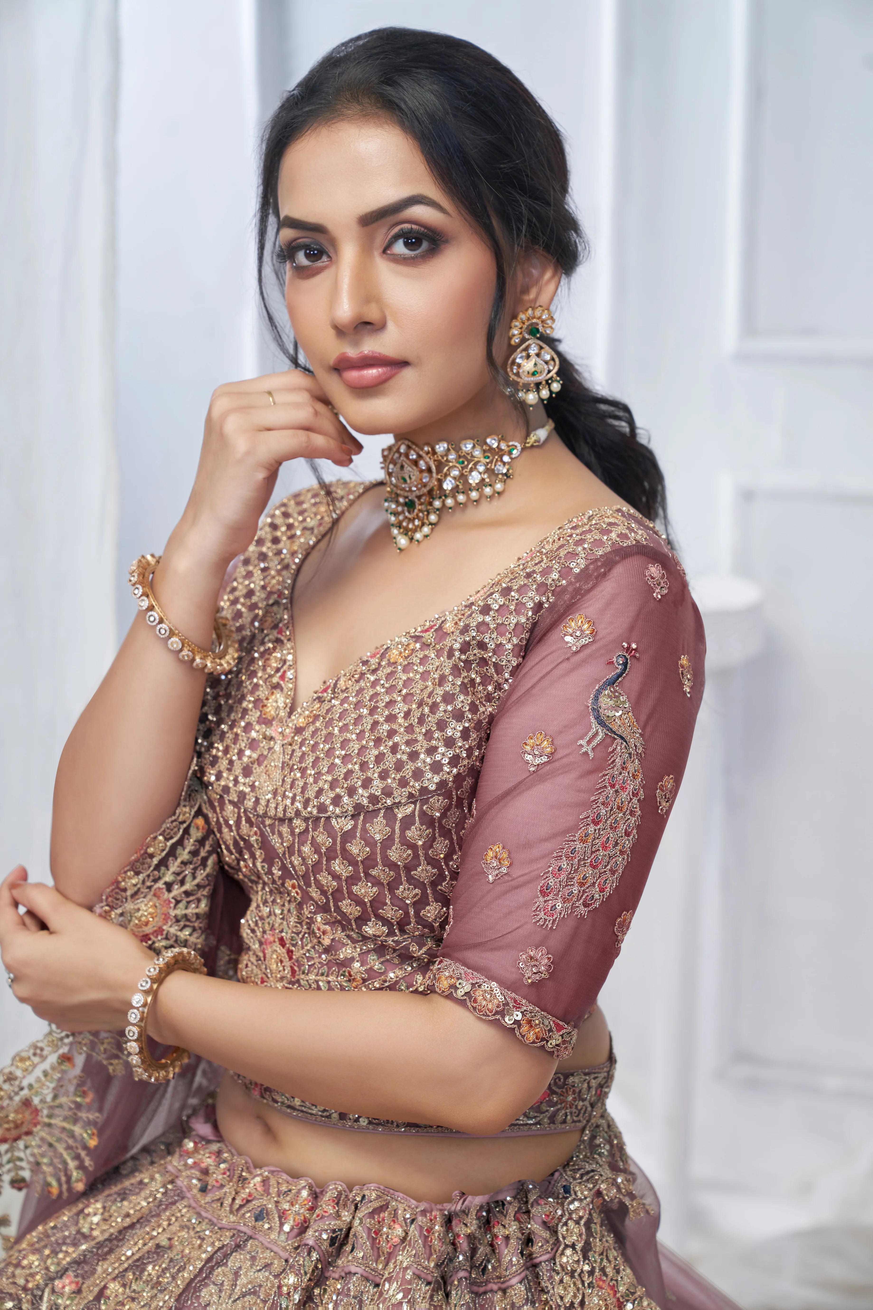 Royal Onion Soft Net Lehenga with Peacock & Paisley Embroidery - Image 5