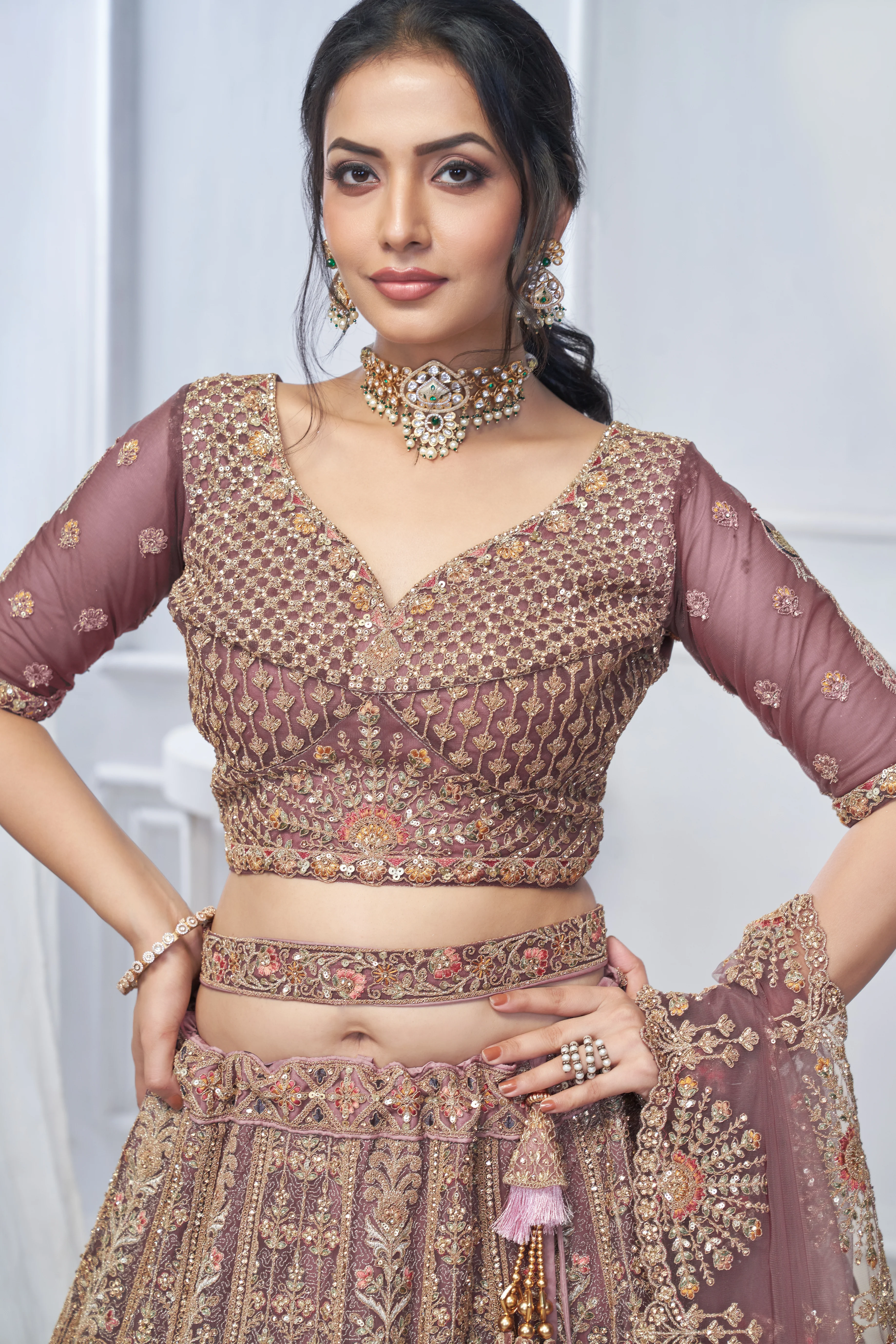 Royal Onion Soft Net Lehenga with Peacock & Paisley Embroidery - Image 6