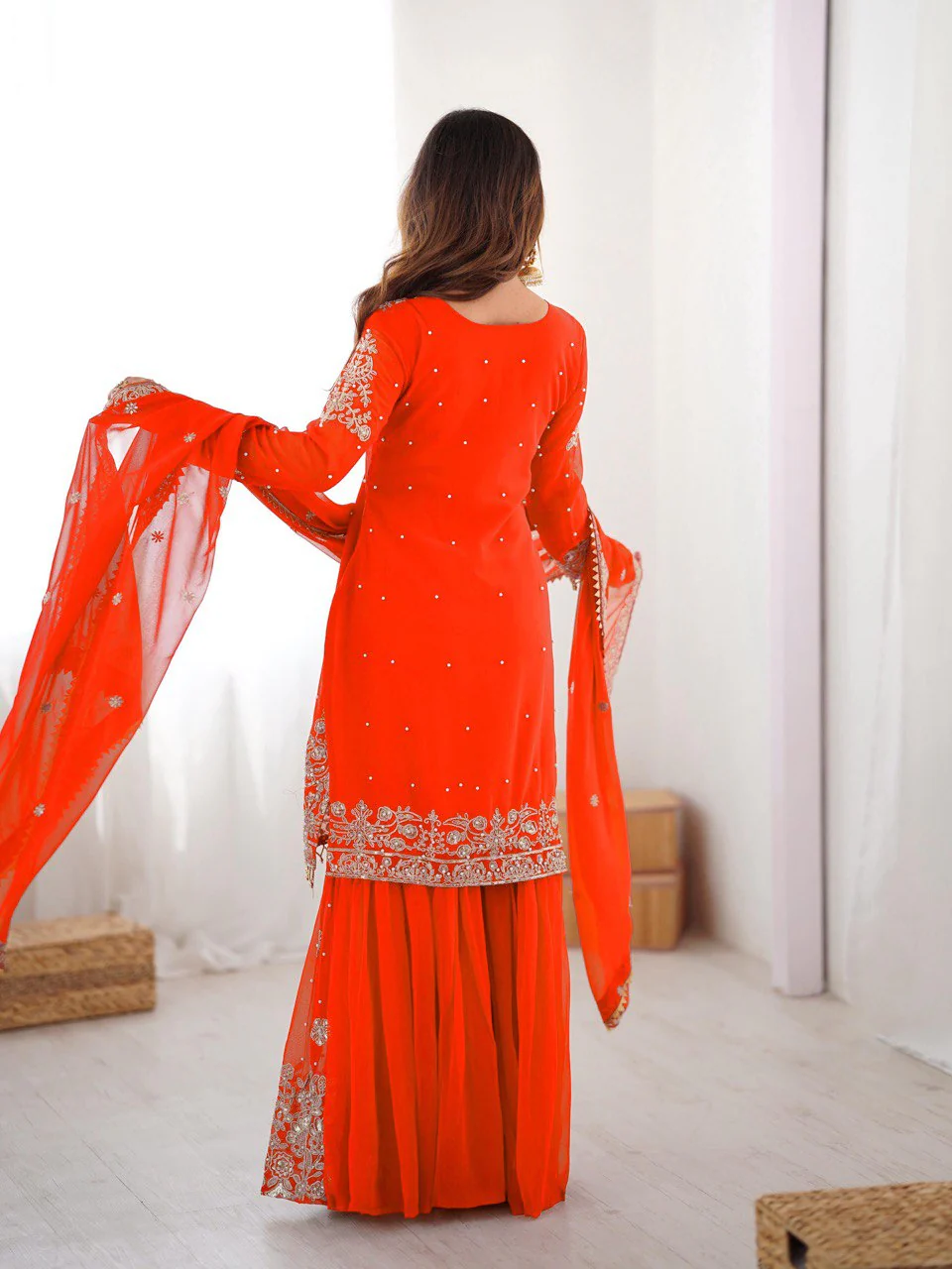 Royal Orange Faux Georgette Embroidered Sharara Suit Set with Dupatta - Image 5