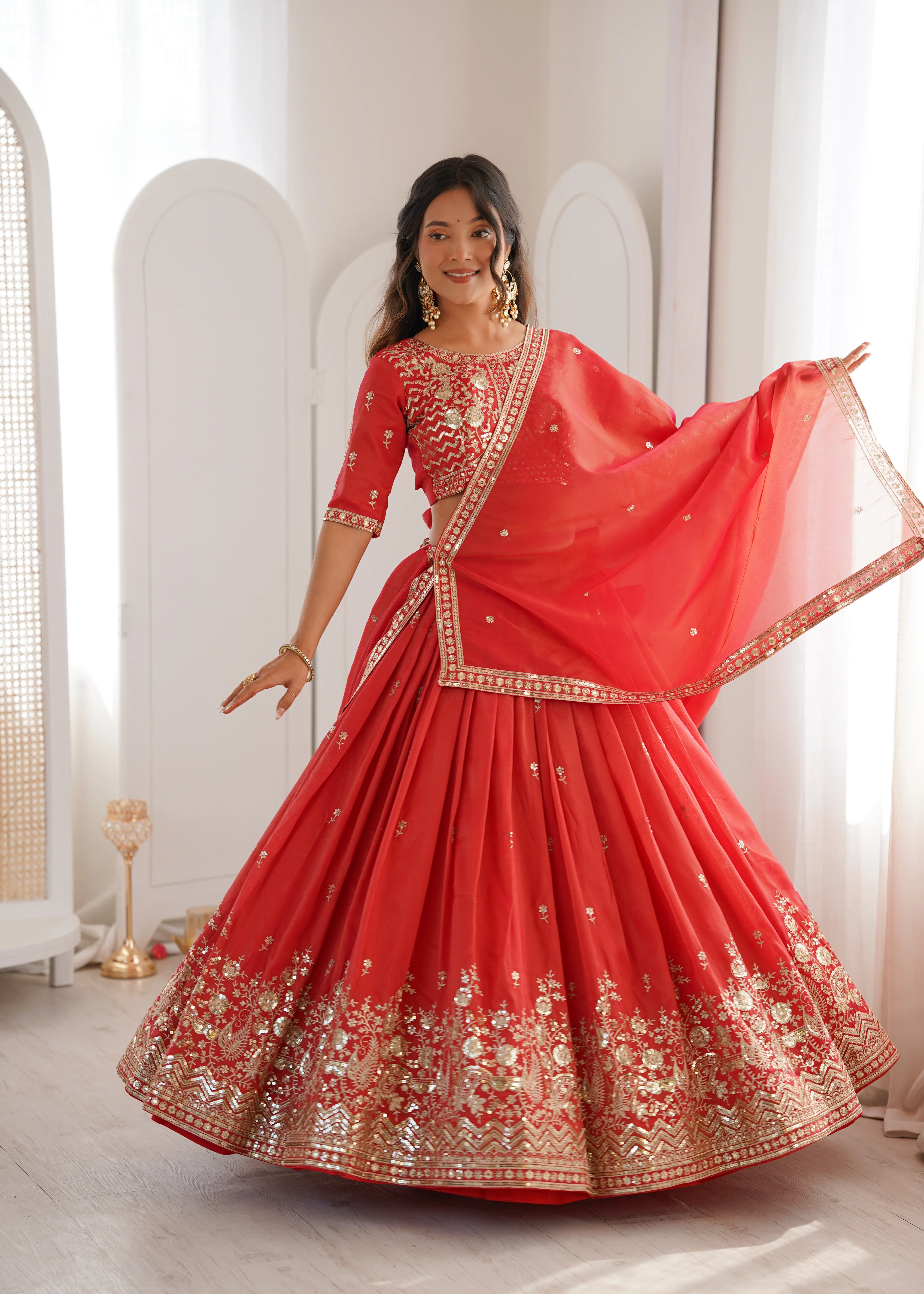 Royal Orange Heavy Simmer Silk Lehenga Choli Set With Dupatta - Image 2
