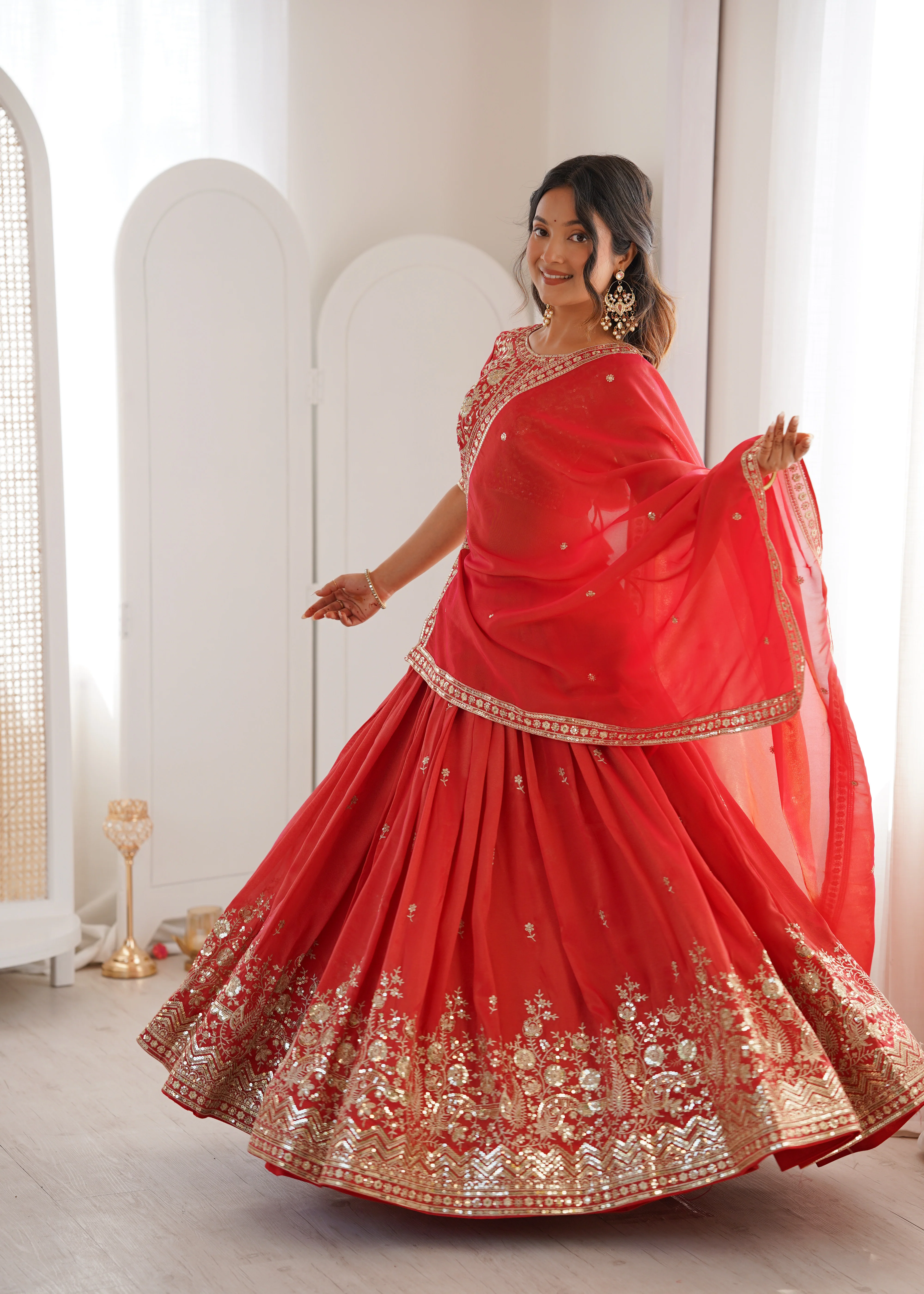 Royal Orange Heavy Simmer Silk Lehenga Choli Set With Dupatta - Image 3