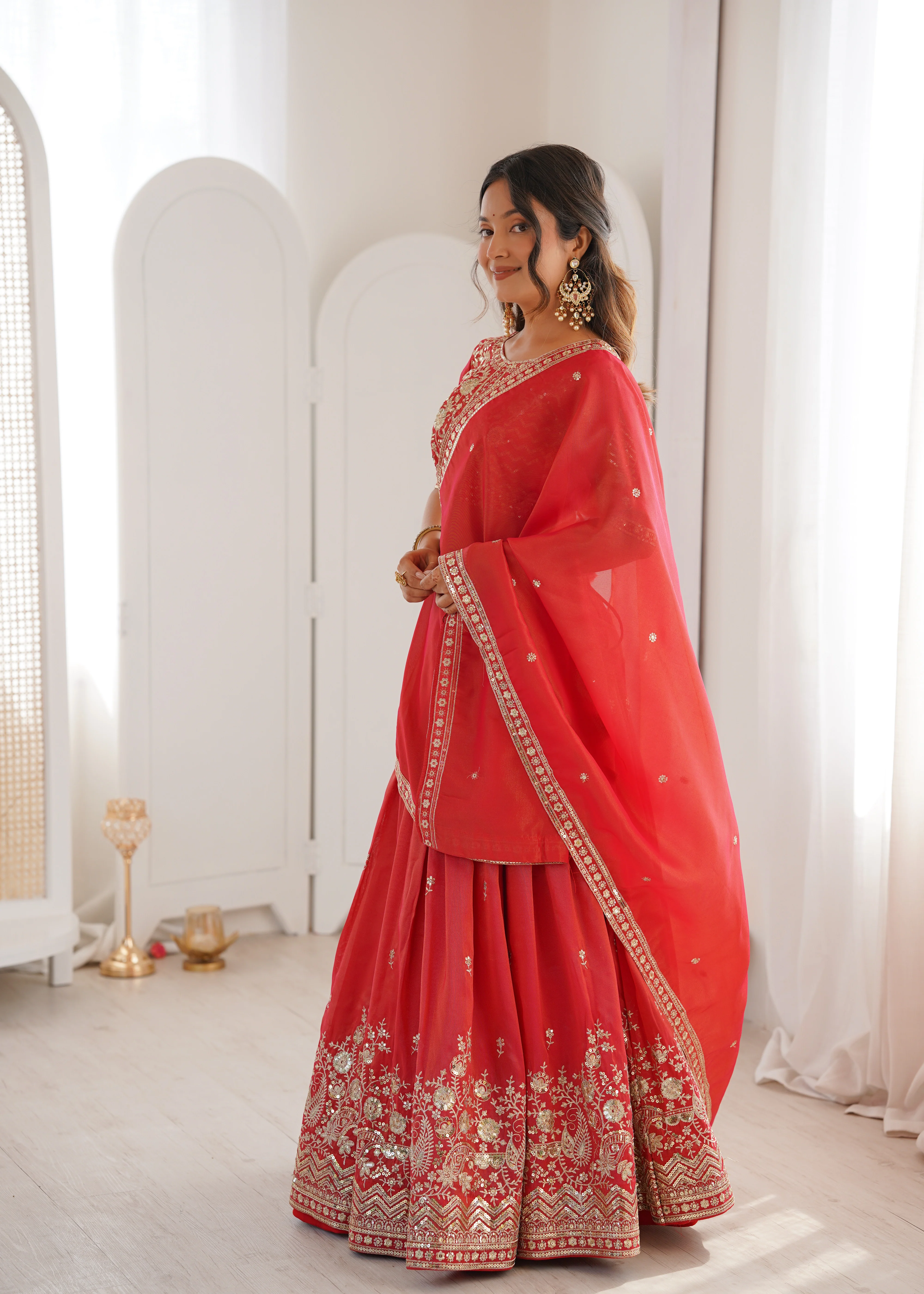 Royal Orange Heavy Simmer Silk Lehenga Choli Set With Dupatta - Image 4