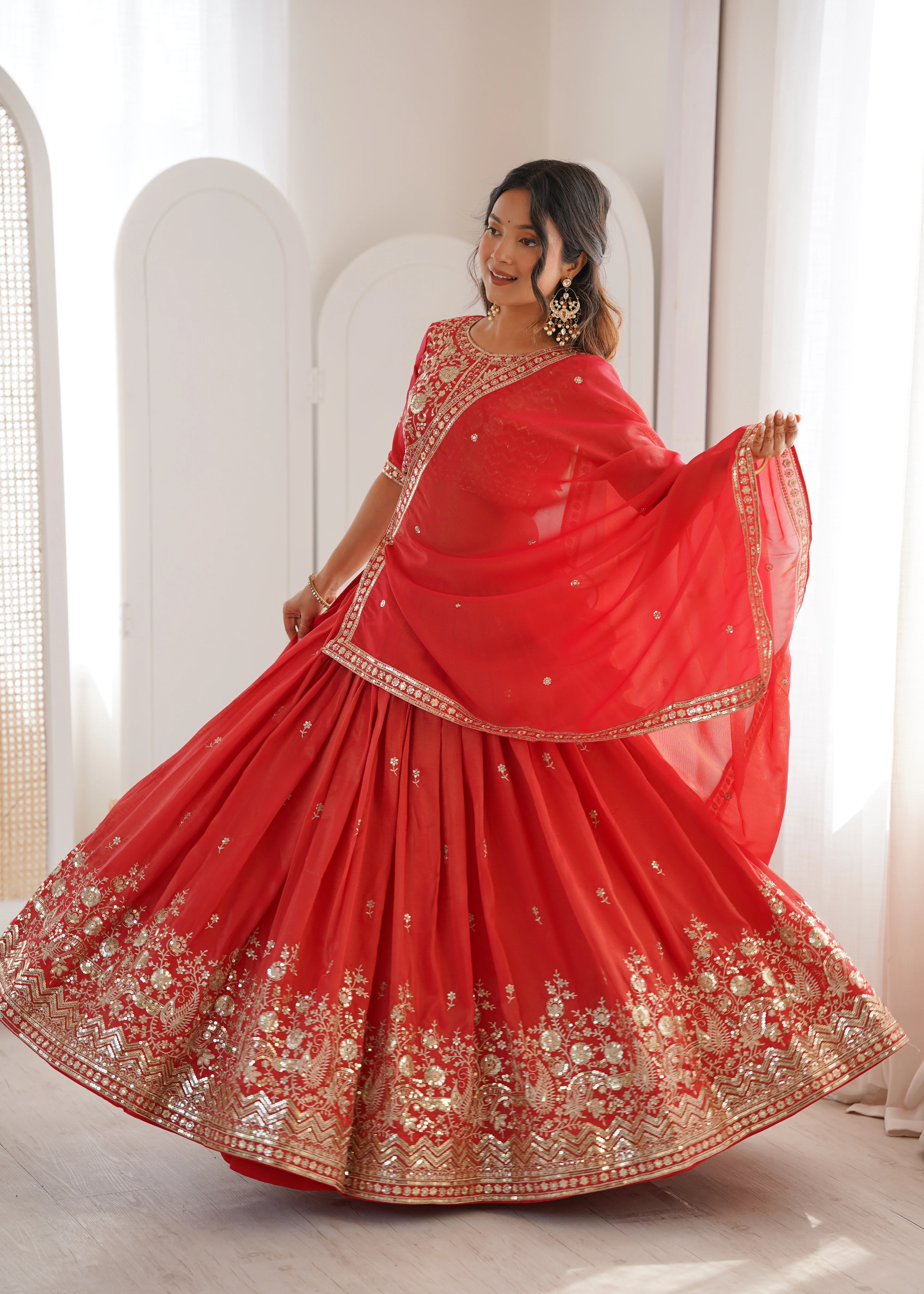Royal Orange Heavy Simmer Silk Lehenga Choli Set With Dupatta - Image 5