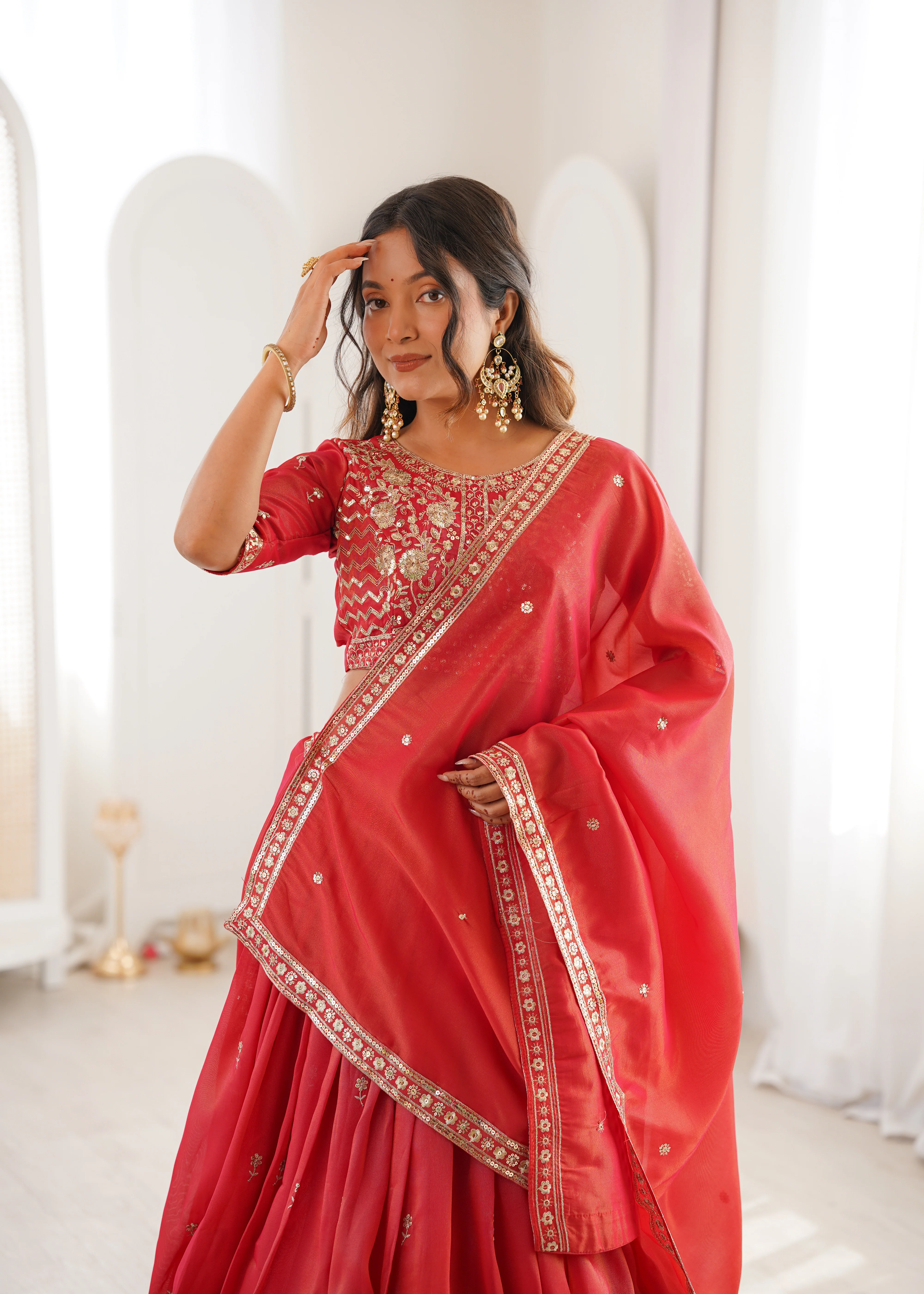 Royal Orange Heavy Simmer Silk Lehenga Choli Set With Dupatta - Image 6