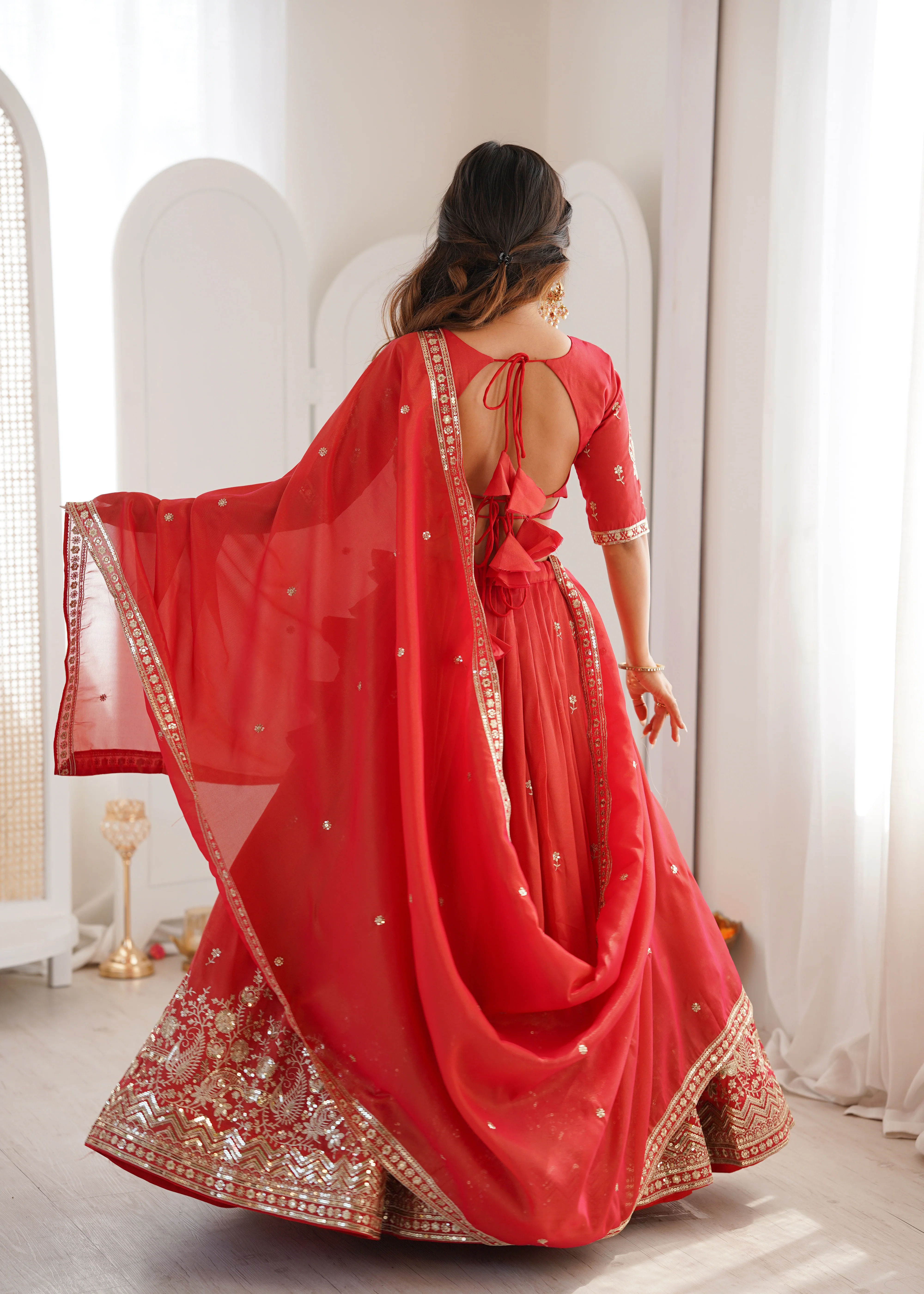 Royal Orange Heavy Simmer Silk Lehenga Choli Set With Dupatta - Image 7