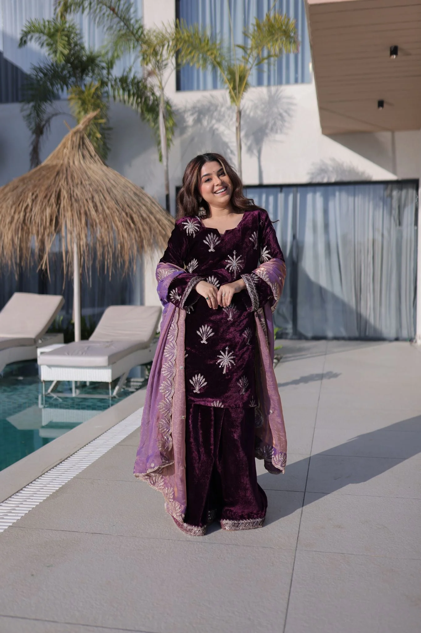 Royal Plum Ice Velvet Zari Embroidered Kurta Palazzo Set With Designer Dupatta