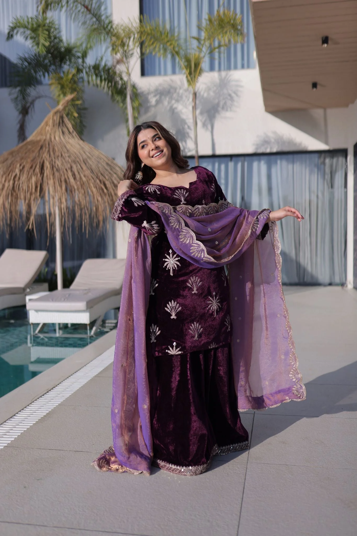 Royal Plum Ice Velvet Zari Embroidered Kurta Palazzo Set With Designer Dupatta - Image 2