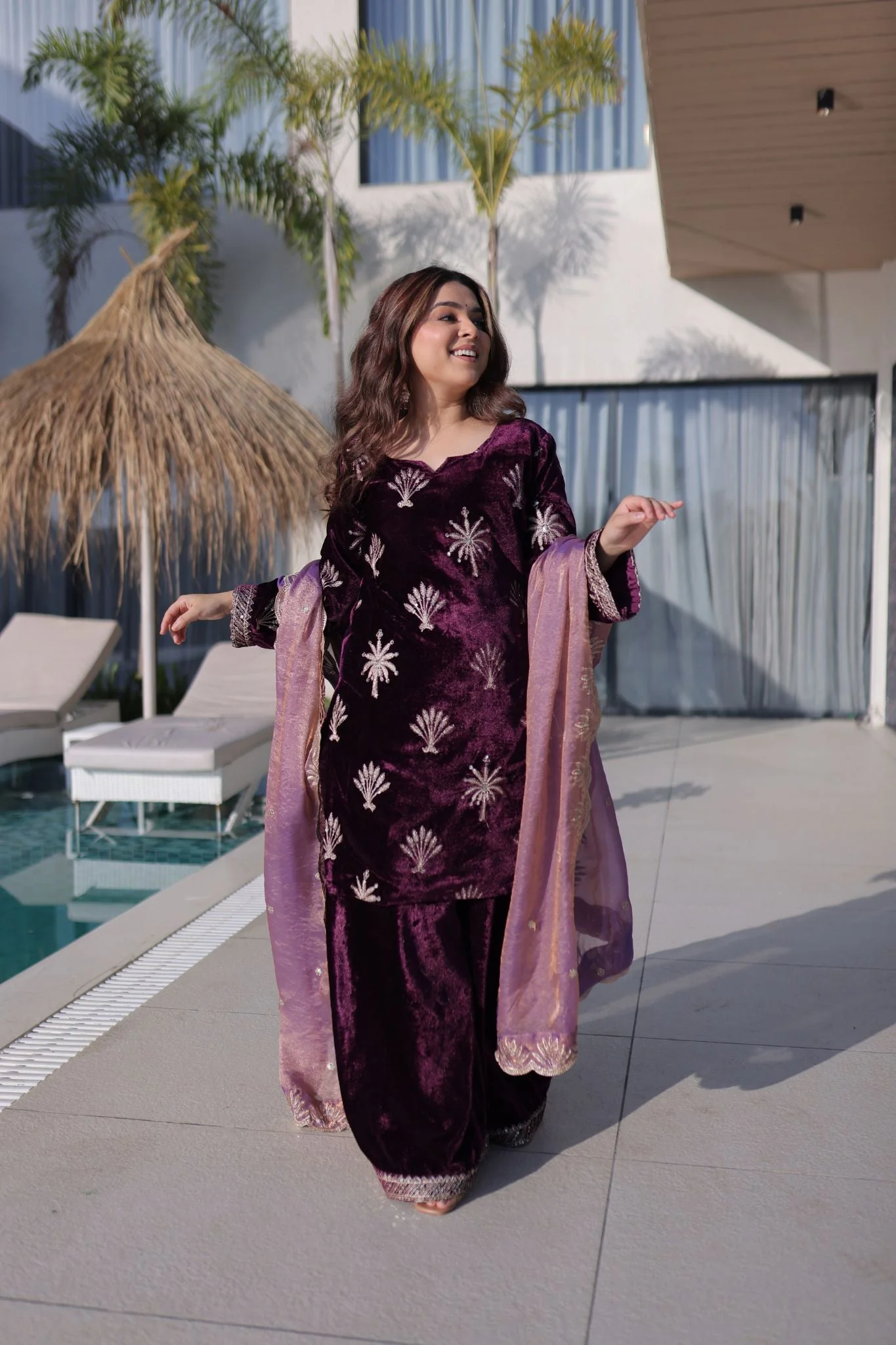 Royal Plum Ice Velvet Zari Embroidered Kurta Palazzo Set With Designer Dupatta - Image 3