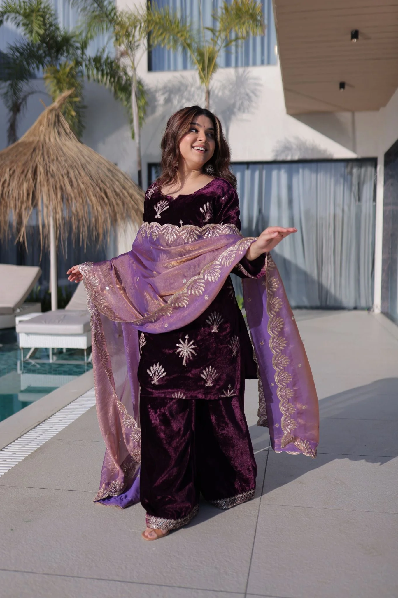 Royal Plum Ice Velvet Zari Embroidered Kurta Palazzo Set With Designer Dupatta - Image 4