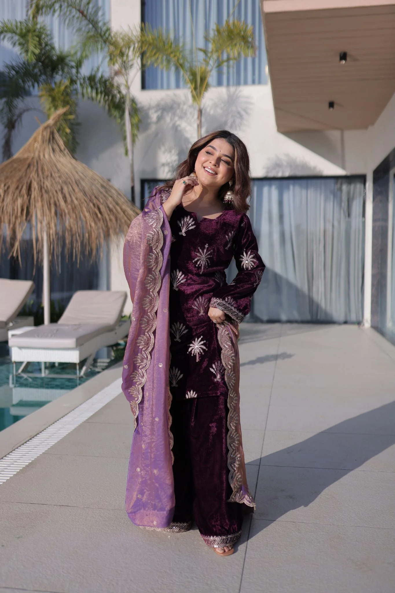 Royal Plum Ice Velvet Zari Embroidered Kurta Palazzo Set With Designer Dupatta - Image 5