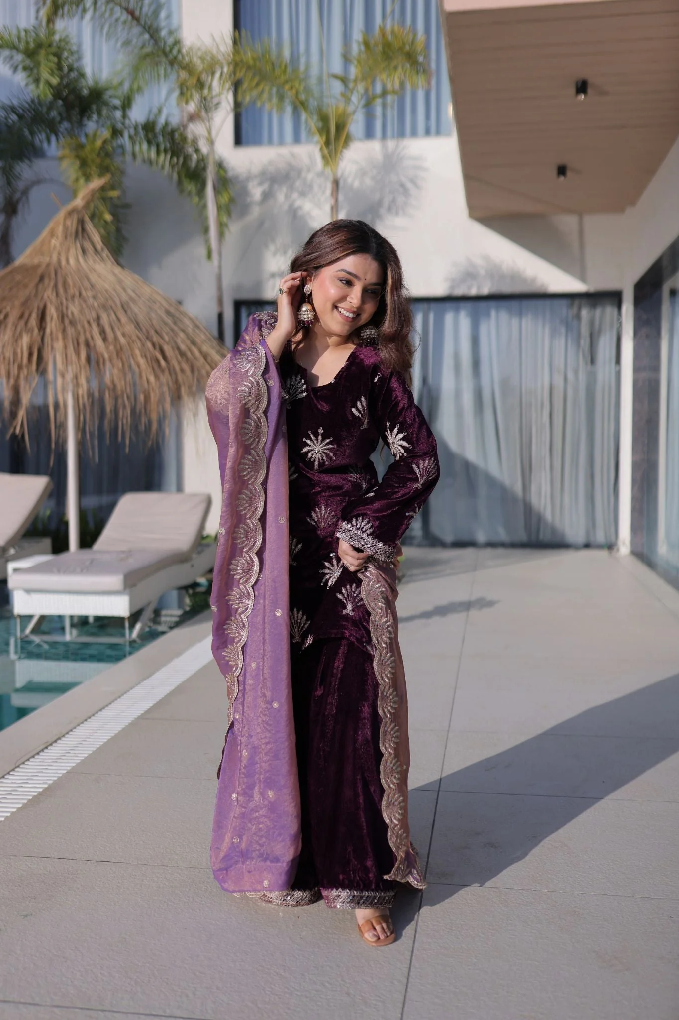Royal Plum Ice Velvet Zari Embroidered Kurta Palazzo Set With Designer Dupatta - Image 6
