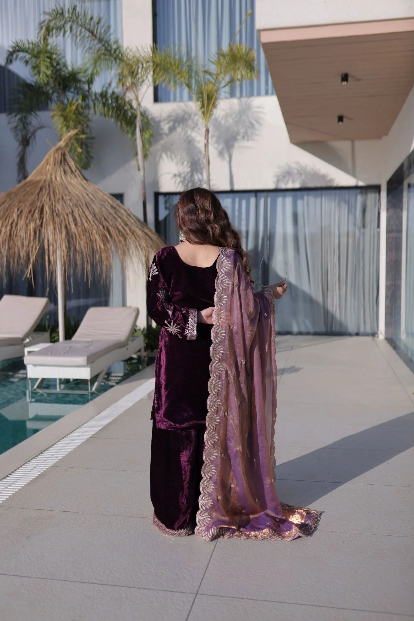 Royal Plum Ice Velvet Zari Embroidered Kurta Palazzo Set With Designer Dupatta - Image 7