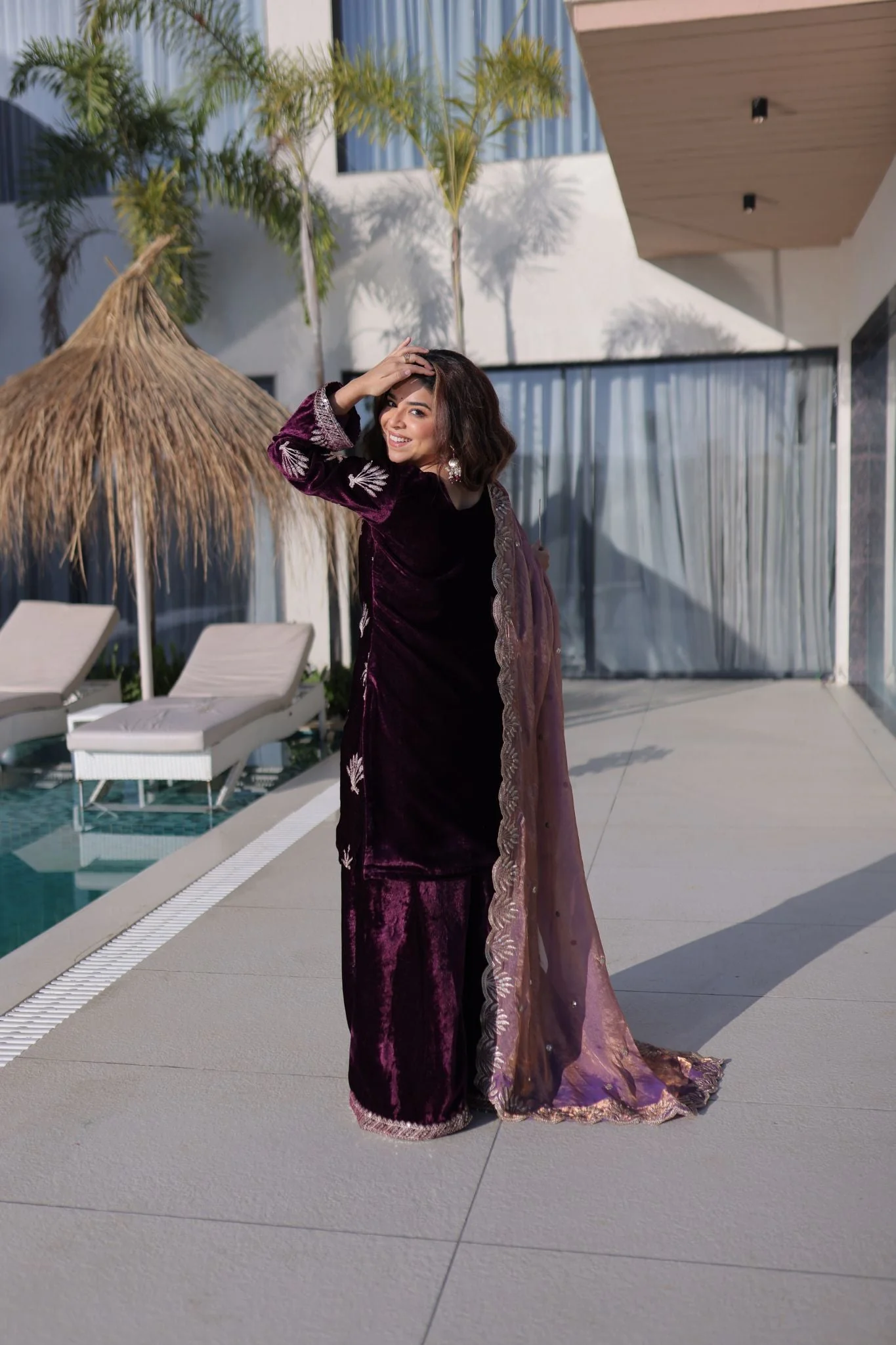 Royal Plum Ice Velvet Zari Embroidered Kurta Palazzo Set With Designer Dupatta - Image 8