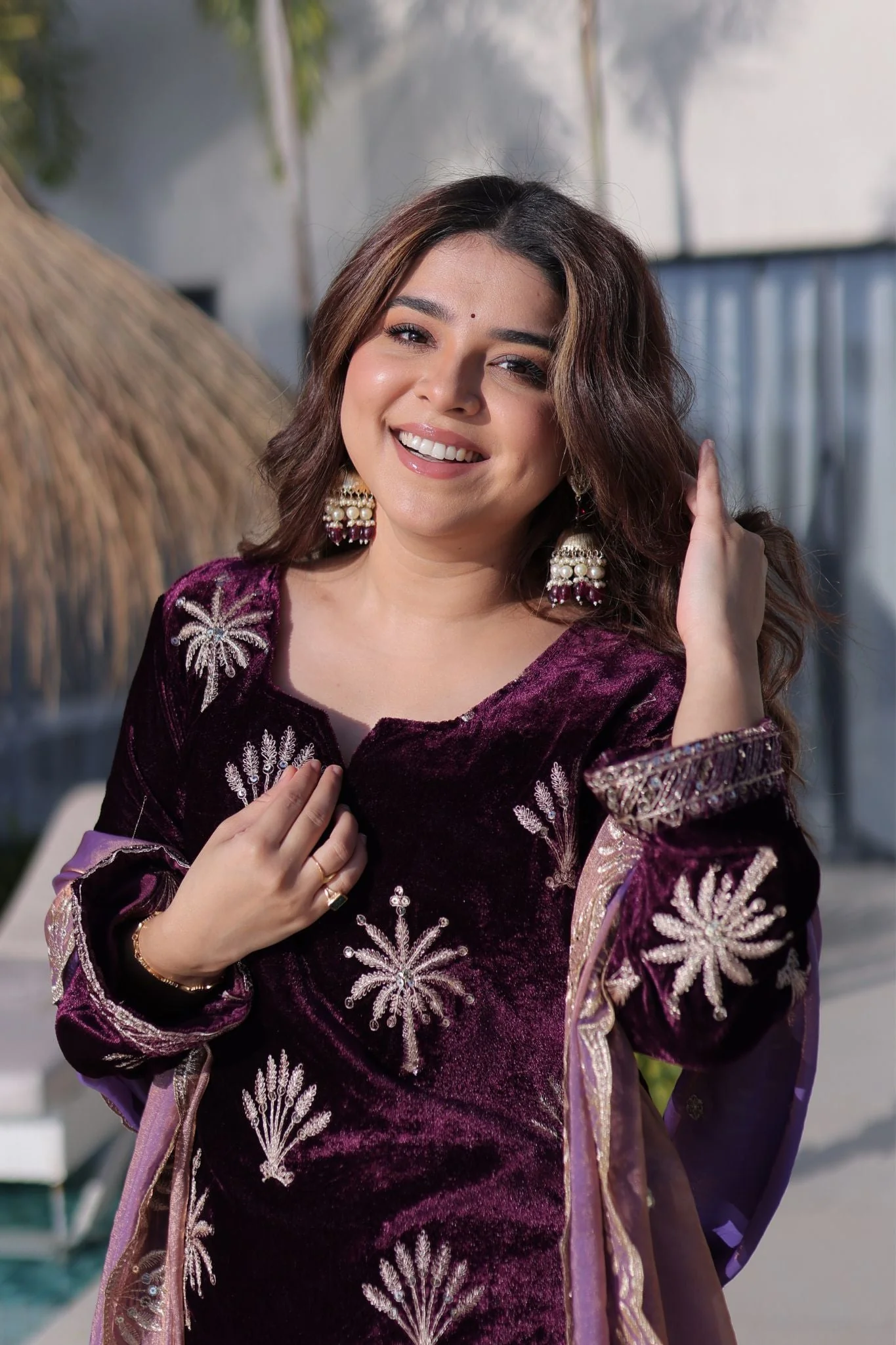 Royal Plum Ice Velvet Zari Embroidered Kurta Palazzo Set With Designer Dupatta - Image 9
