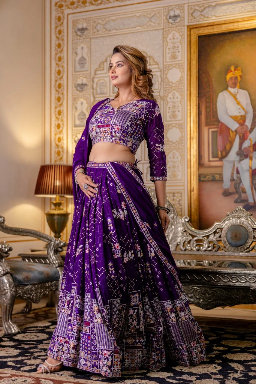 Royal Purple Blooming Georgette Embroidered Lehenga Choli with Dupatta Set - Image 3