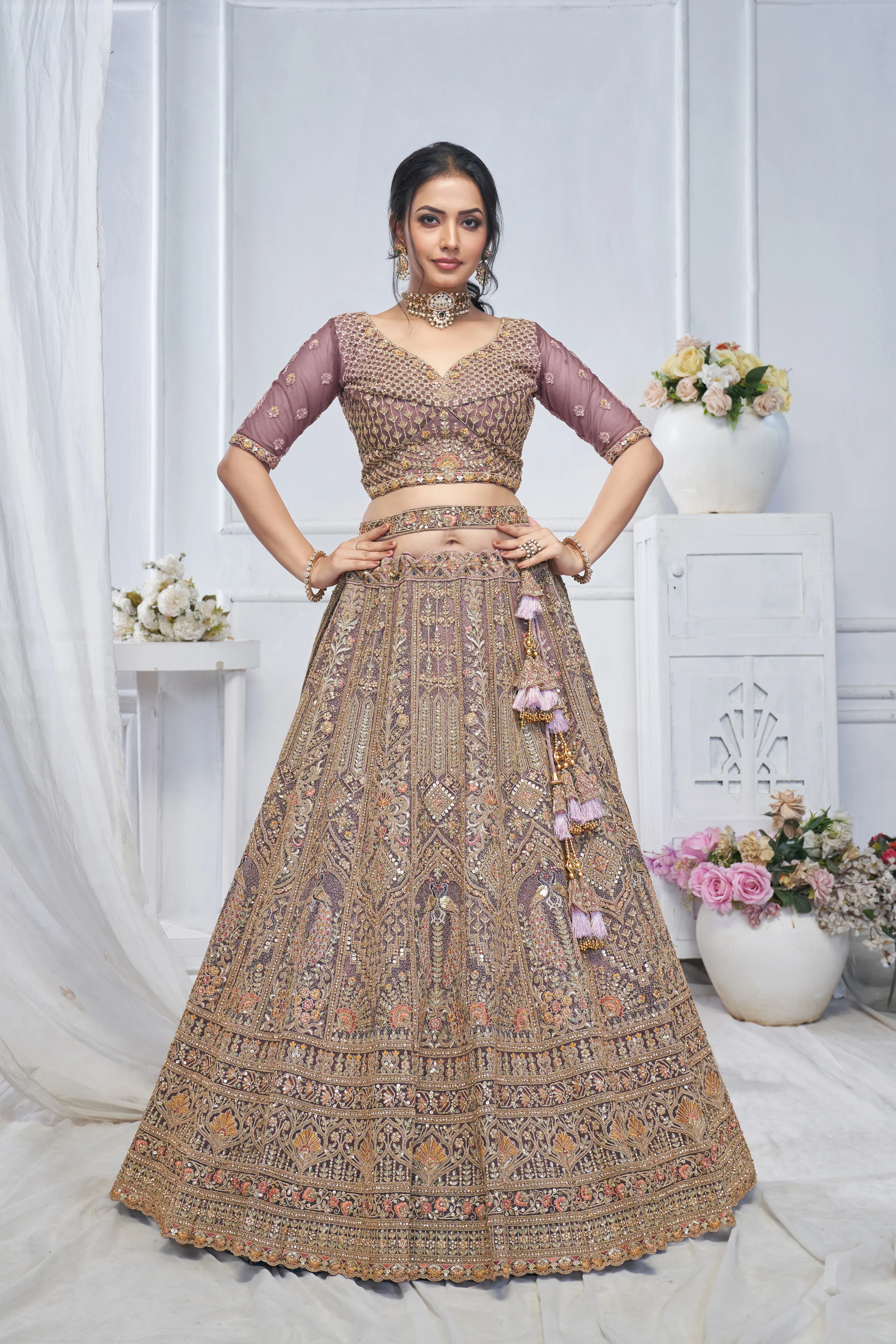 Royal Purple Soft Net Lehenga with Peacock & Paisley Embroidery - Image 4