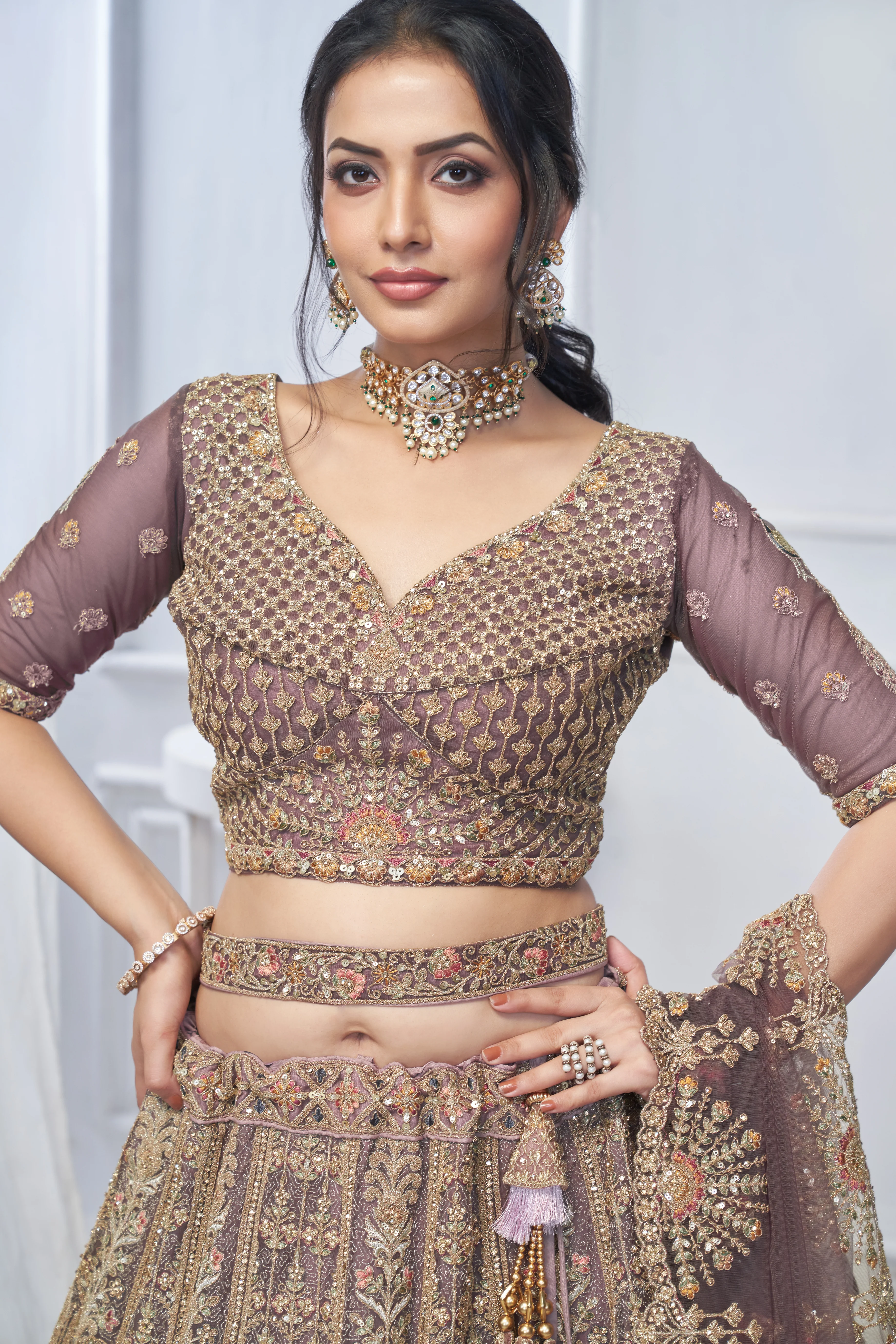Royal Purple Soft Net Lehenga with Peacock & Paisley Embroidery - Image 5