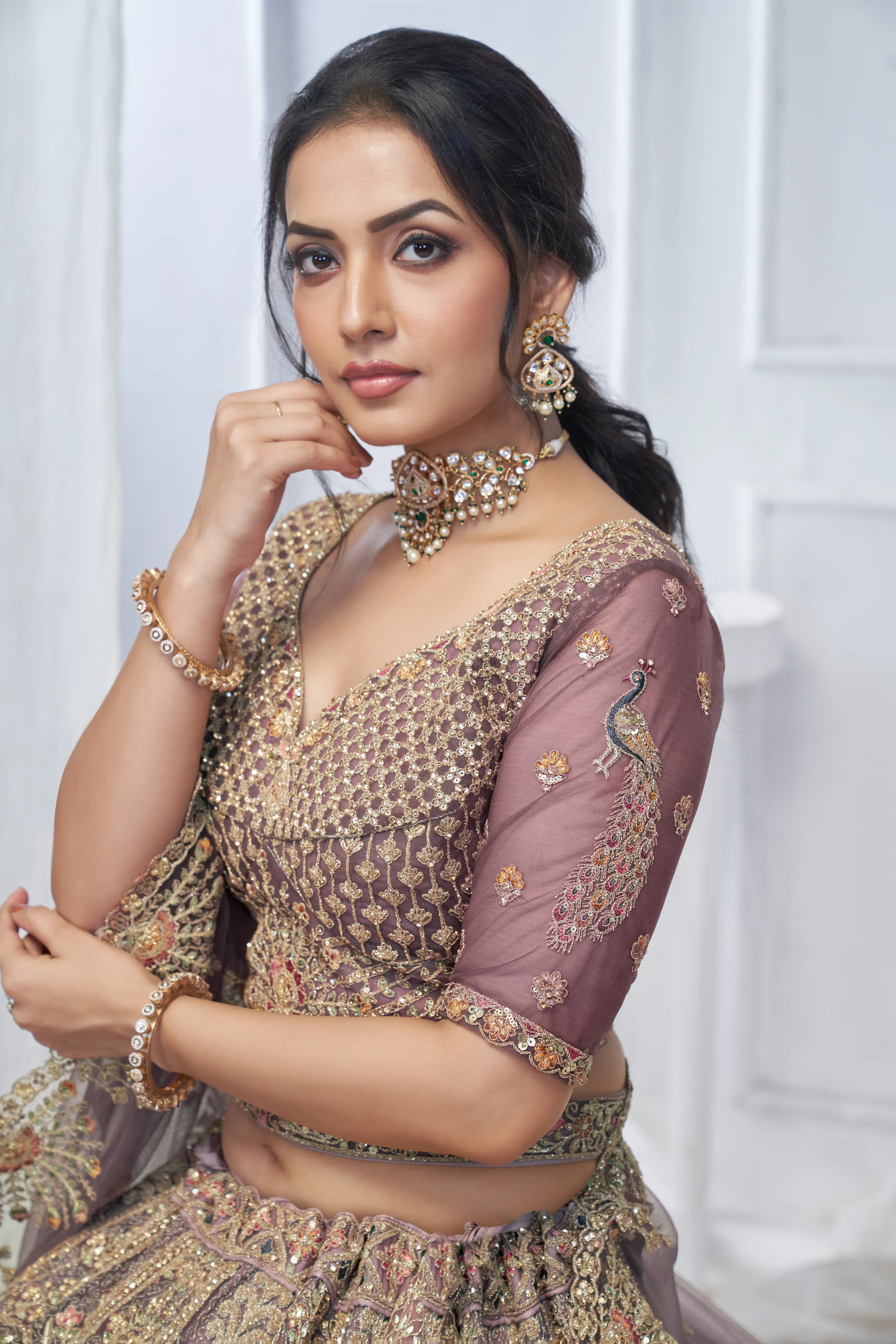 Royal Purple Soft Net Lehenga with Peacock & Paisley Embroidery - Image 6