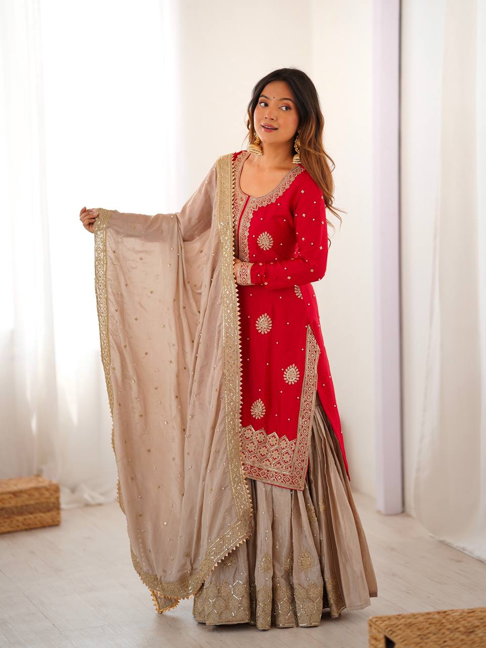 Royal Red Chinon Silk Designer Top Sharara Set with Pearl Work Dupatta