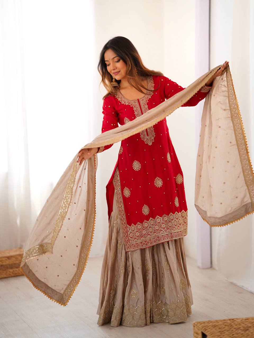 Royal Red Chinon Silk Designer Top Sharara Set with Pearl Work Dupatta - Image 3