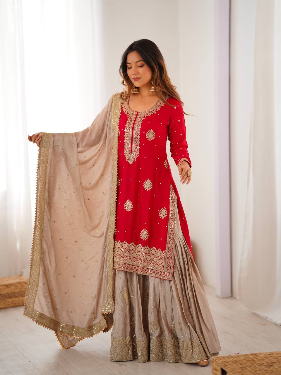 Royal Red Chinon Silk Designer Top Sharara Set with Pearl Work Dupatta - Image 4