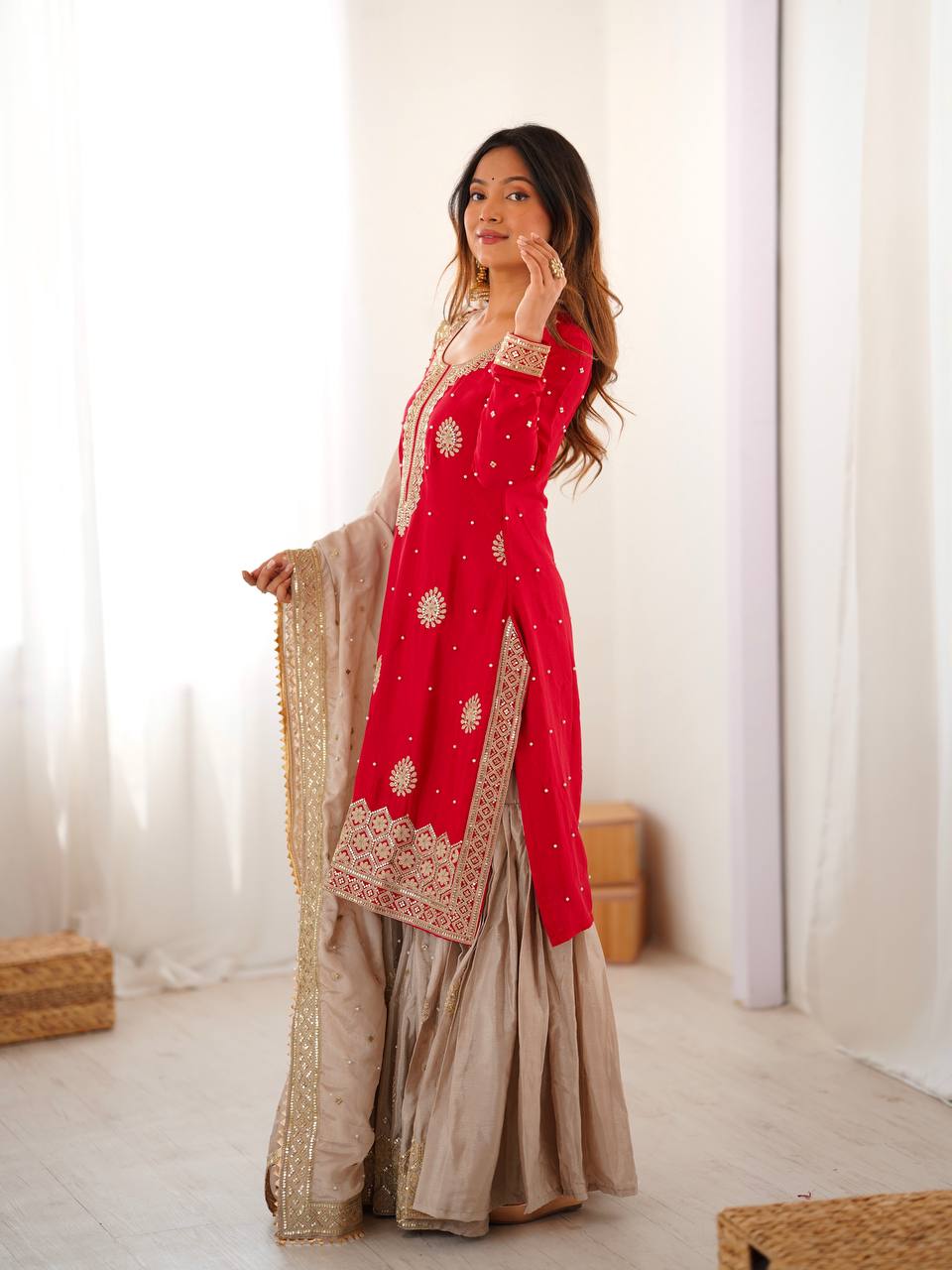 Royal Red Chinon Silk Designer Top Sharara Set with Pearl Work Dupatta - Image 6