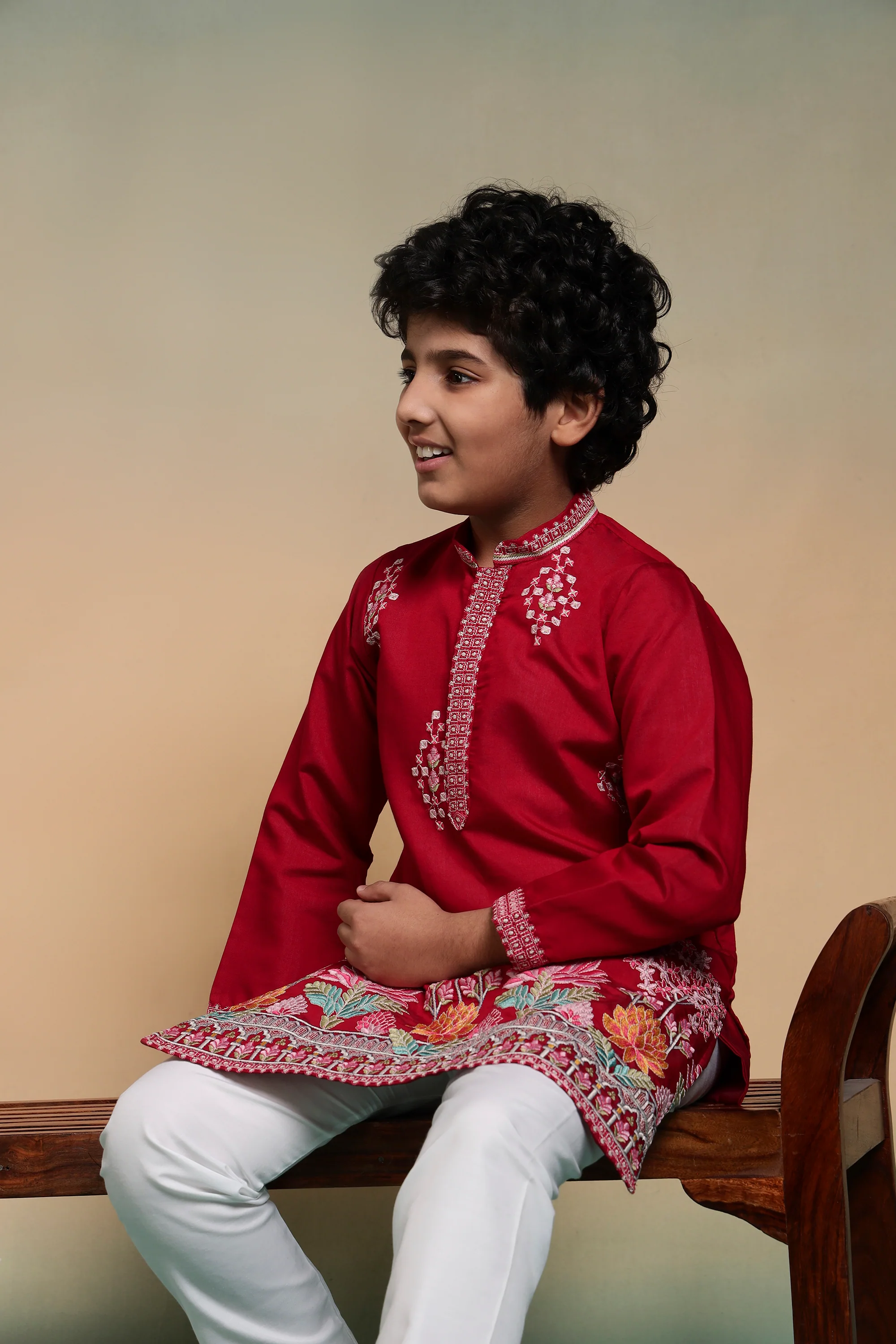 Royal Red Embroidered Work Kurta & Pant For Kids Wear - Image 2