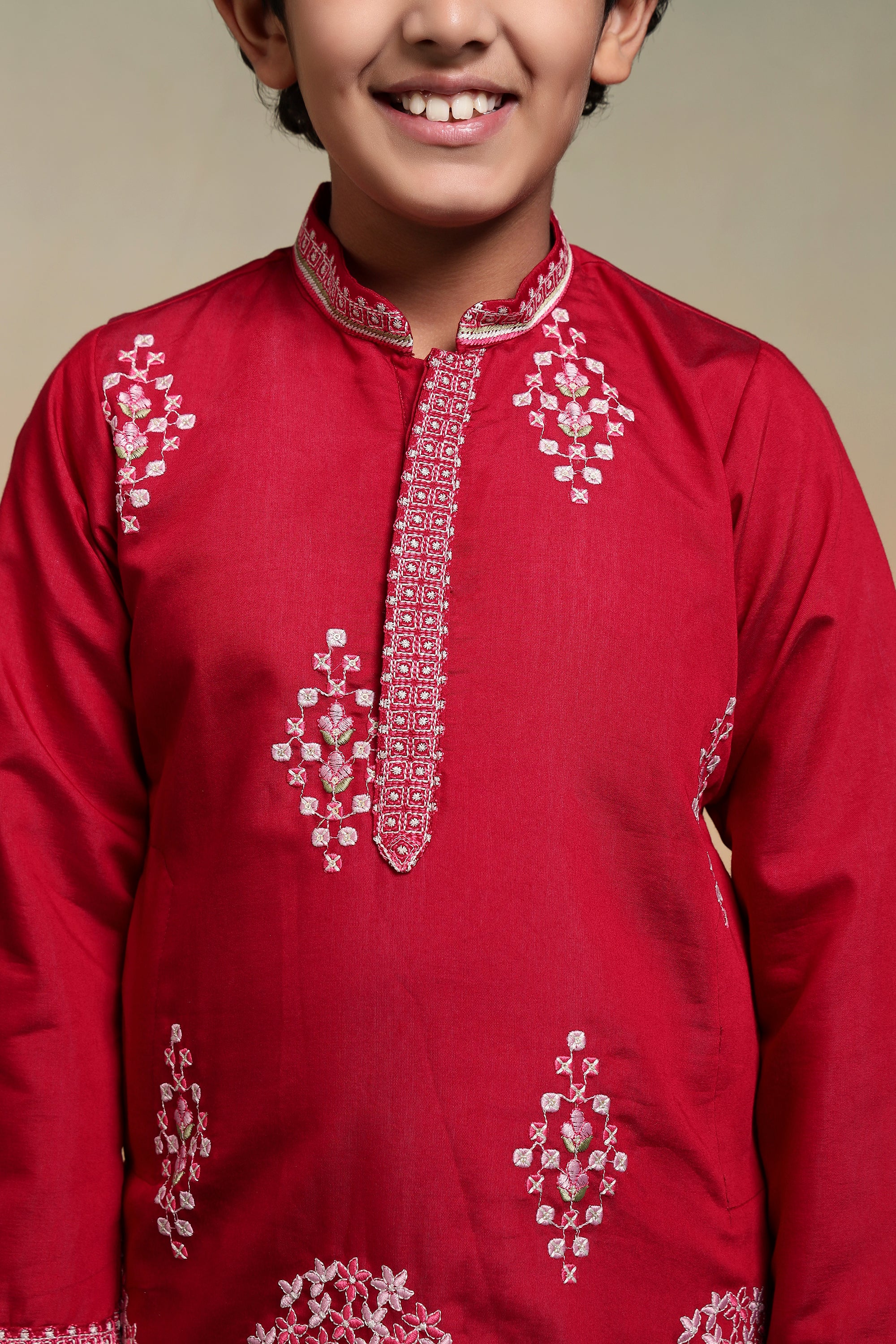 Royal Red Embroidered Work Kurta & Pant For Kids Wear - Image 3