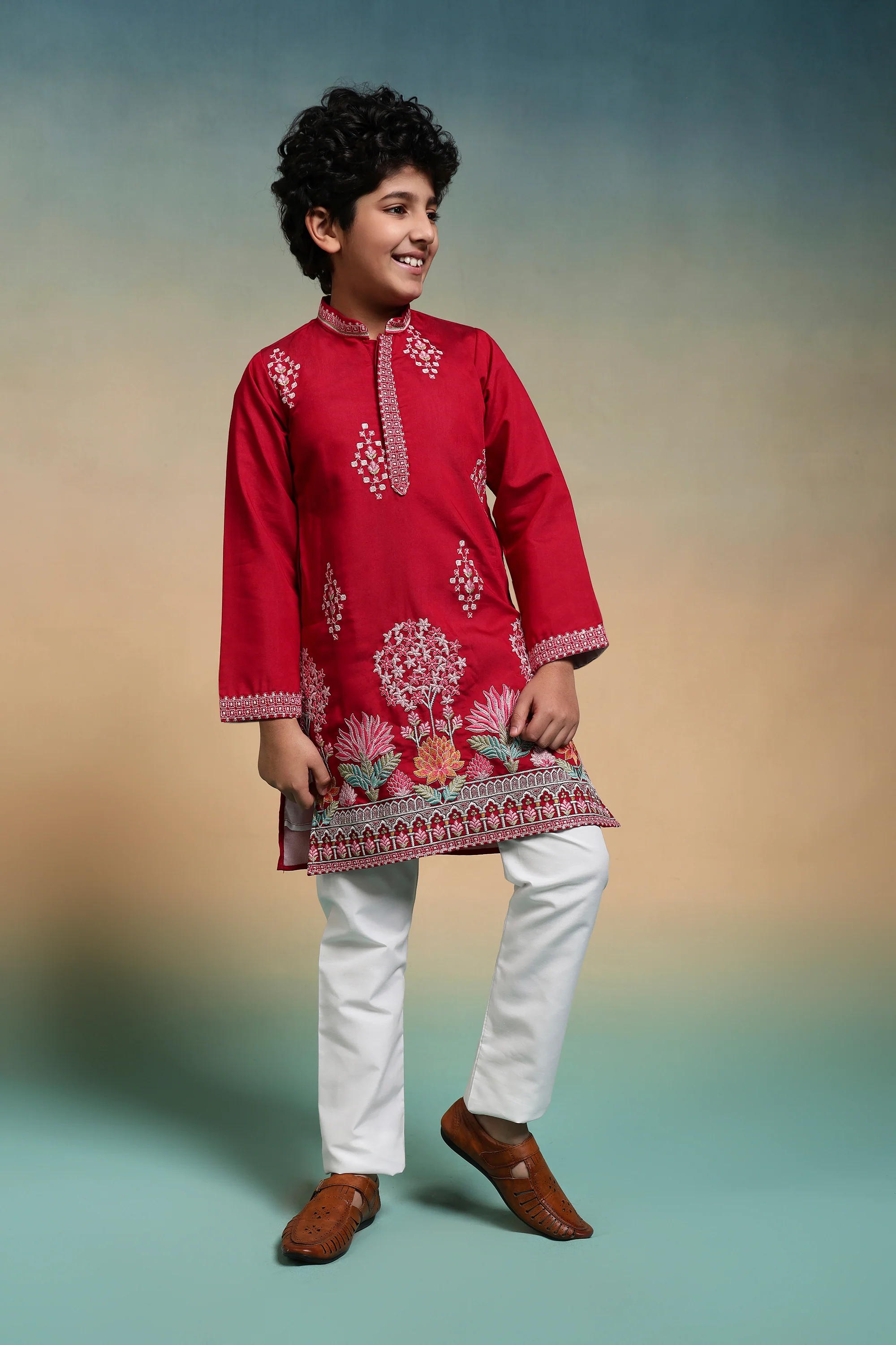 Royal Red Embroidered Work Kurta & Pant For Kids Wear - Image 4
