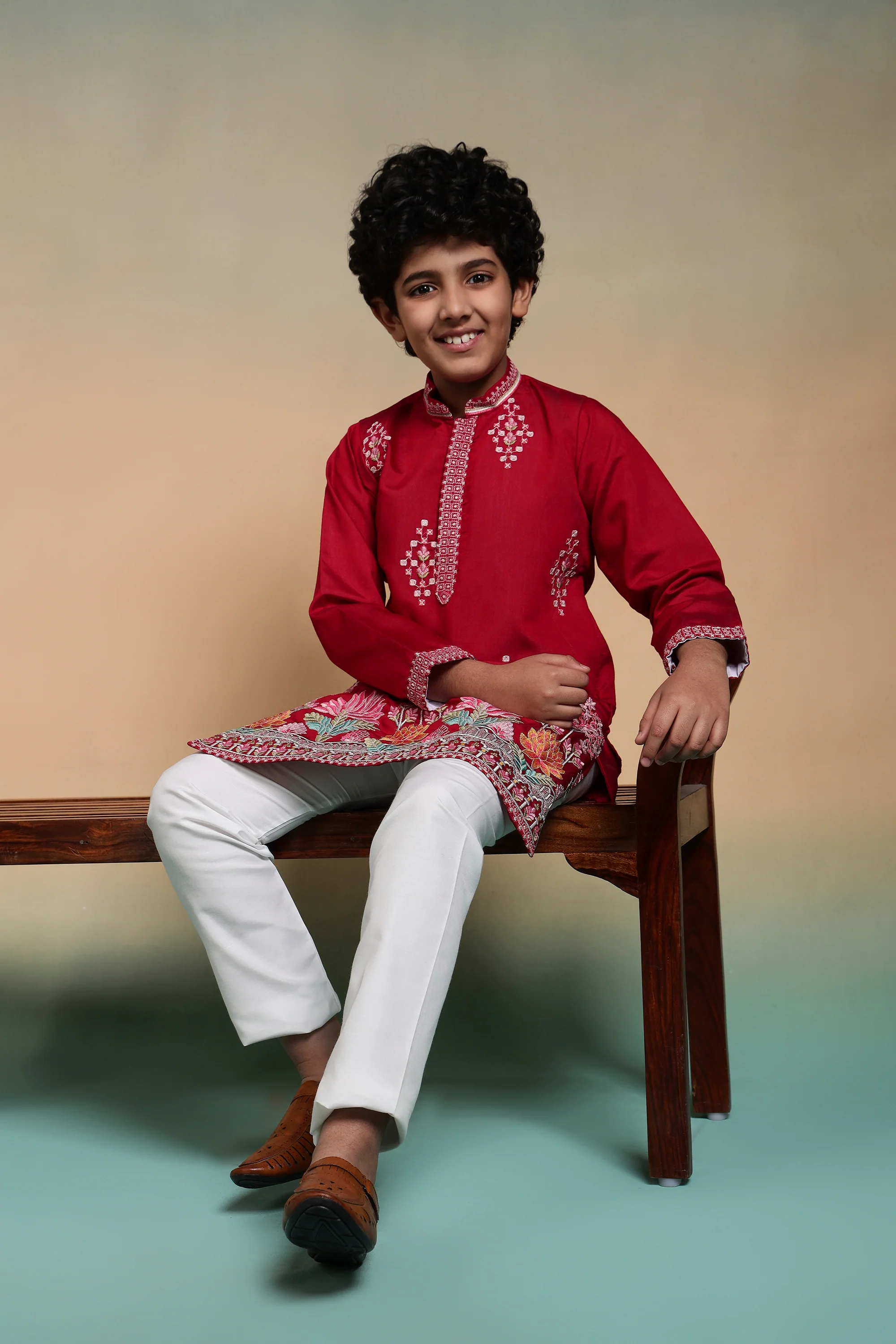 Royal Red Embroidered Work Kurta & Pant For Kids Wear - Image 5