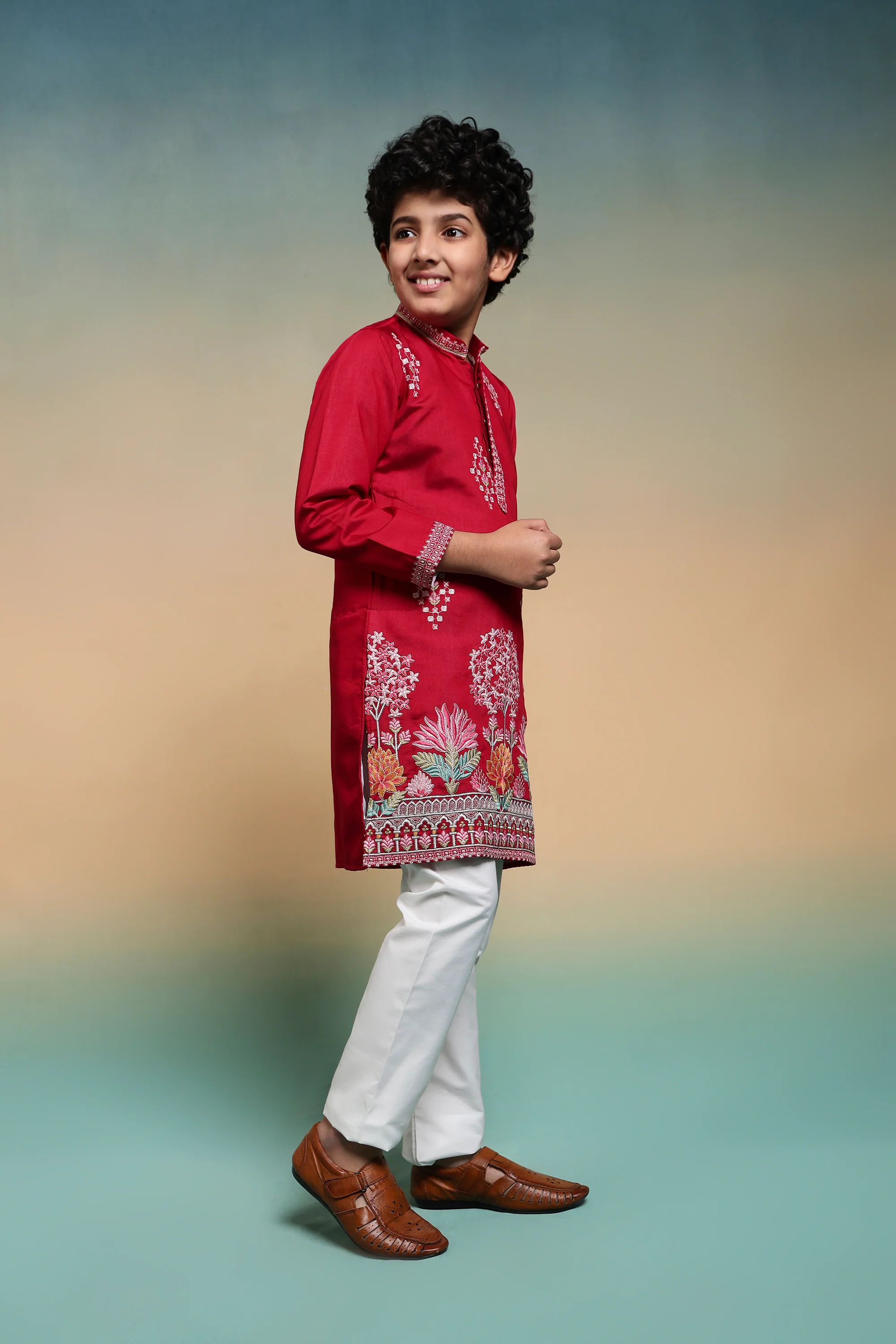 Royal Red Embroidered Work Kurta & Pant For Kids Wear - Image 6