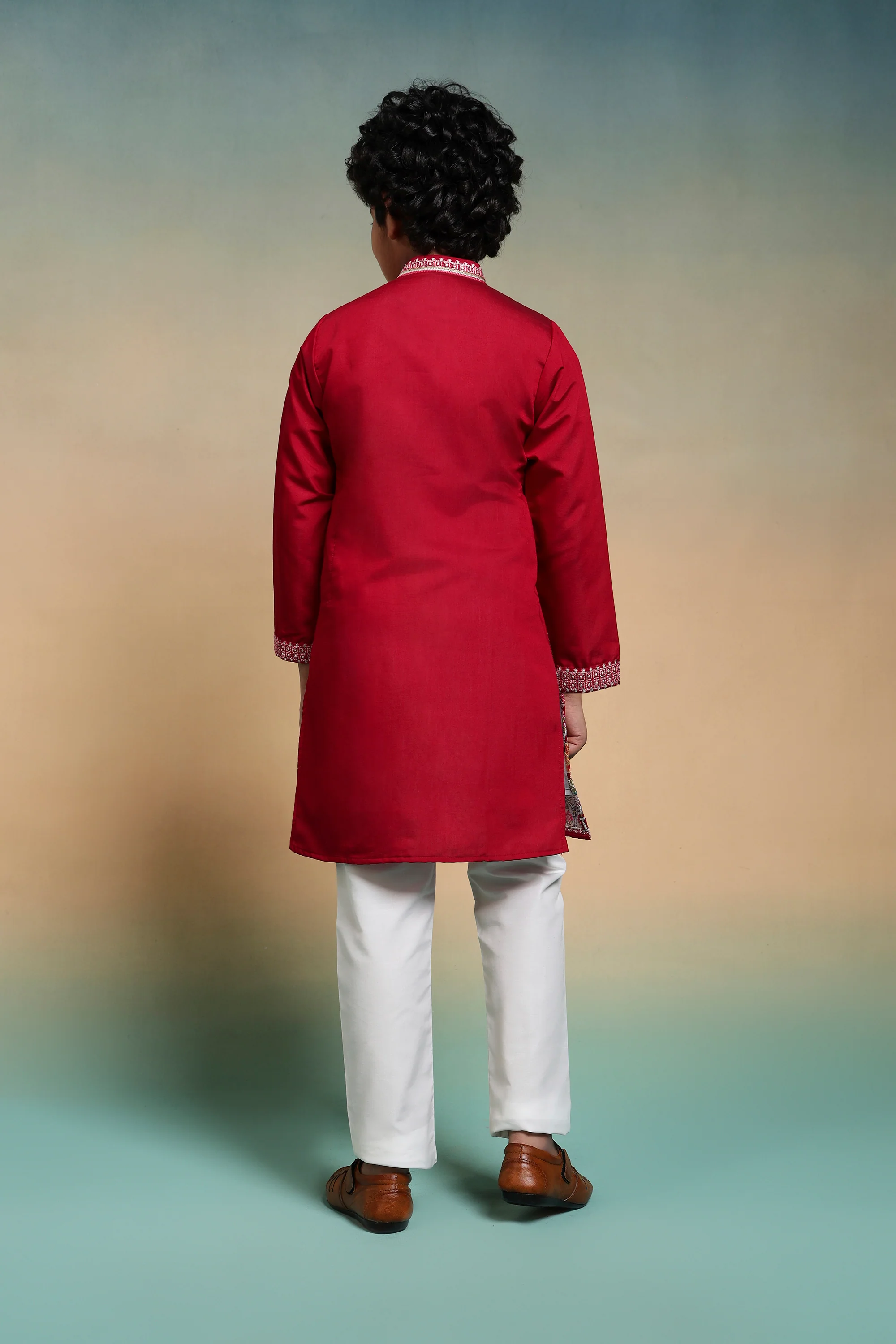Royal Red Embroidered Work Kurta & Pant For Kids Wear - Image 7