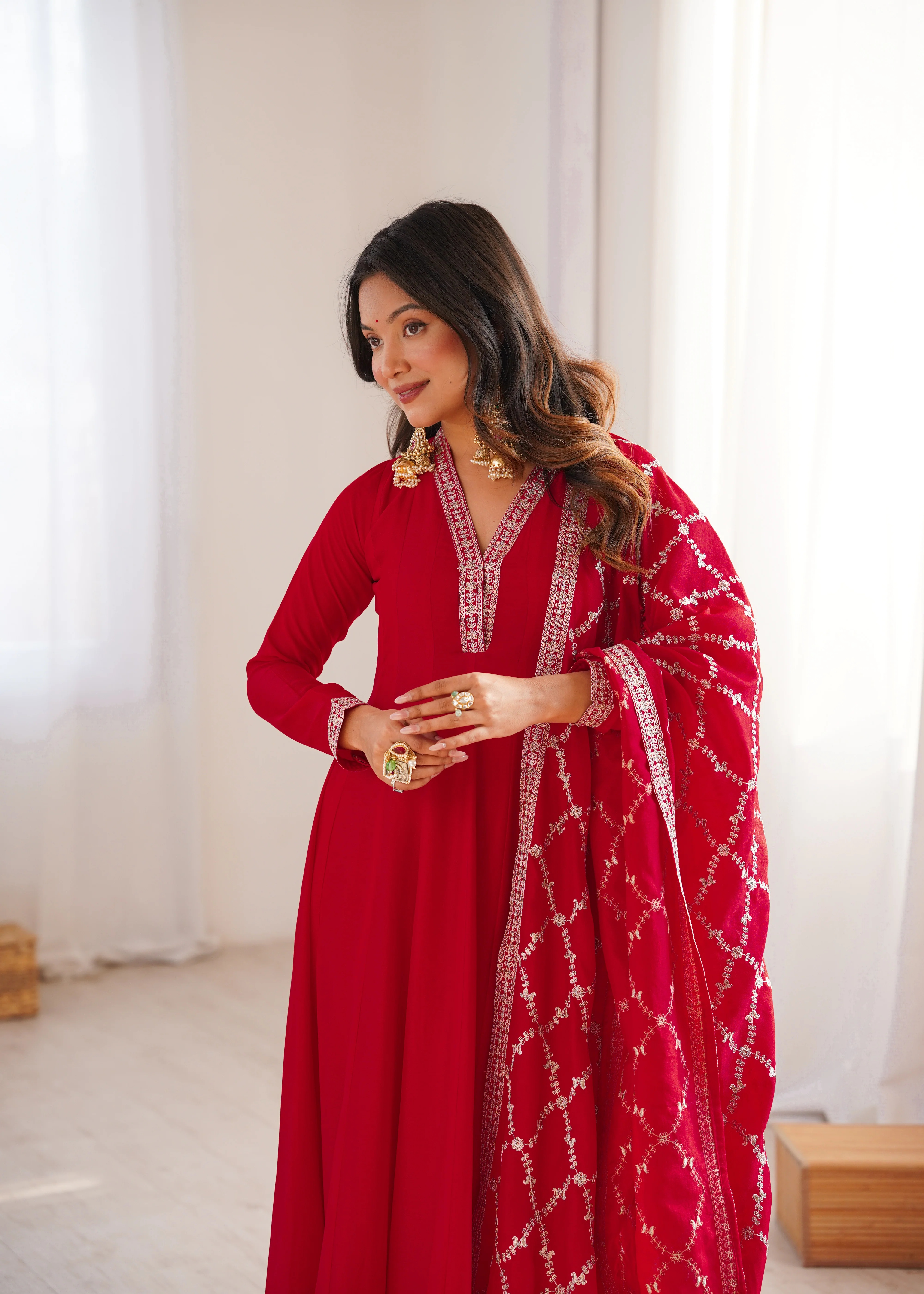 Royal Red Full Flare Vichitra Silk Anarkali Gown with Fancy Dupatta - Image 2