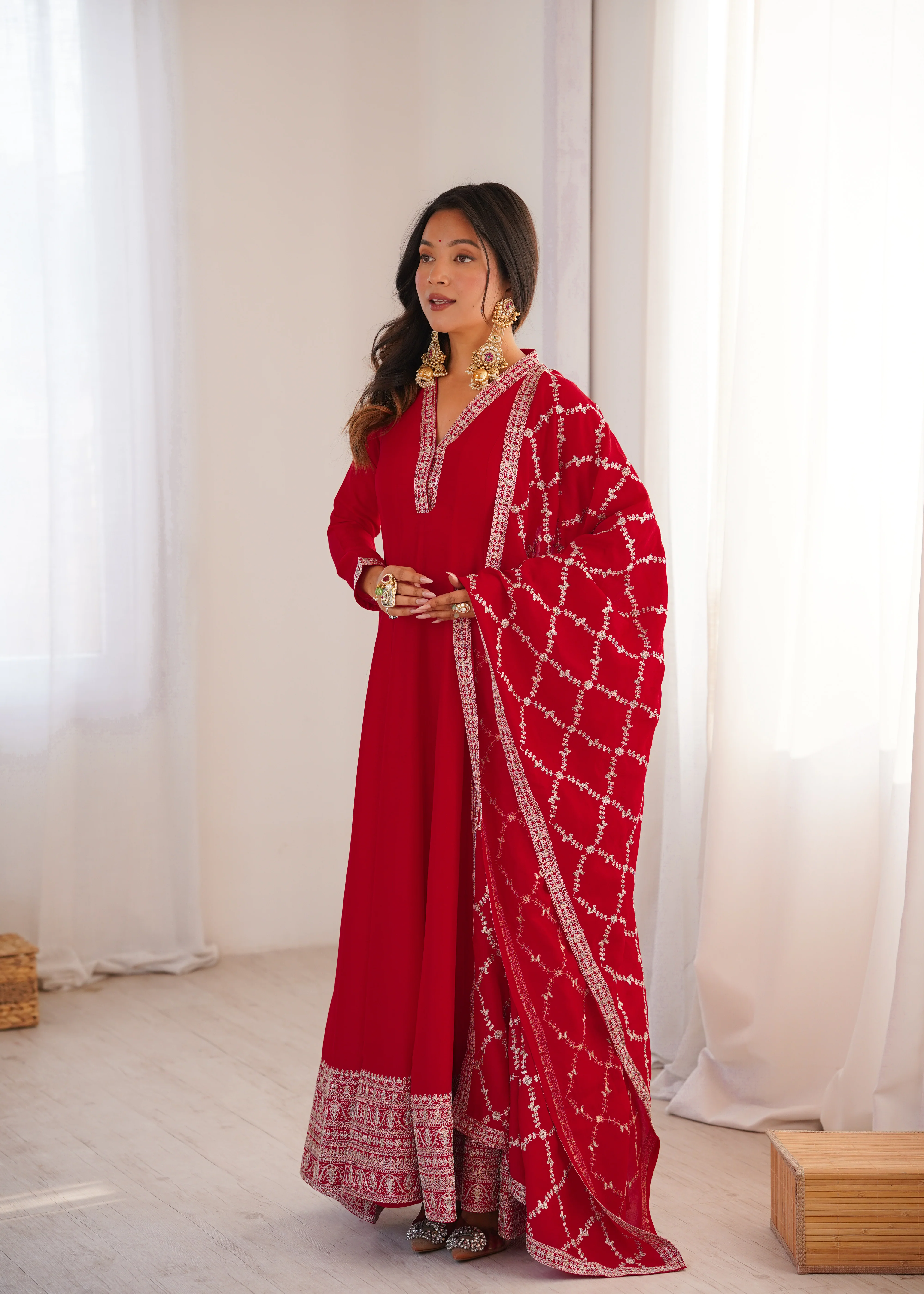 Royal Red Full Flare Vichitra Silk Anarkali Gown with Fancy Dupatta - Image 3