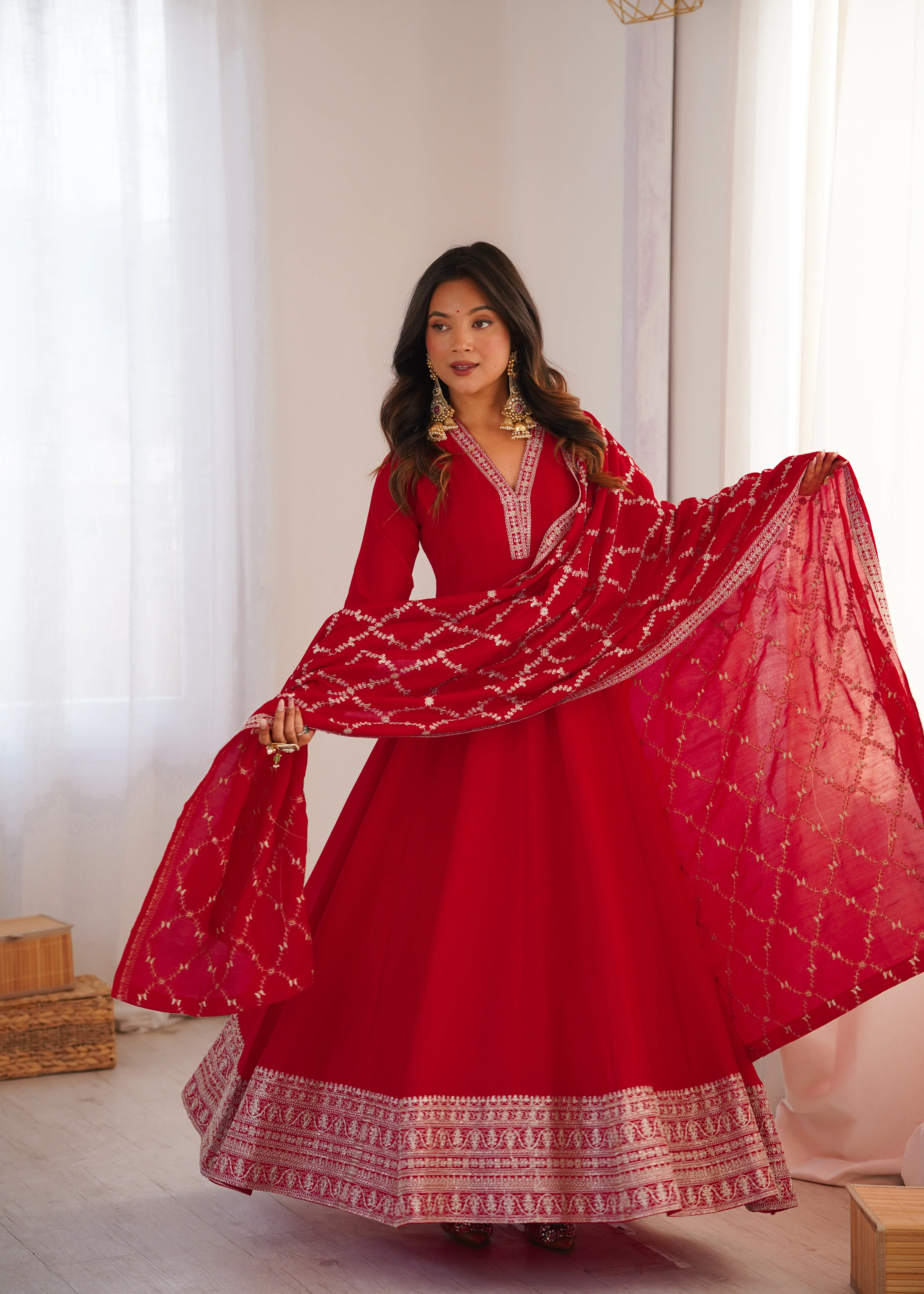 Royal Red Full Flare Vichitra Silk Anarkali Gown with Fancy Dupatta - Image 4