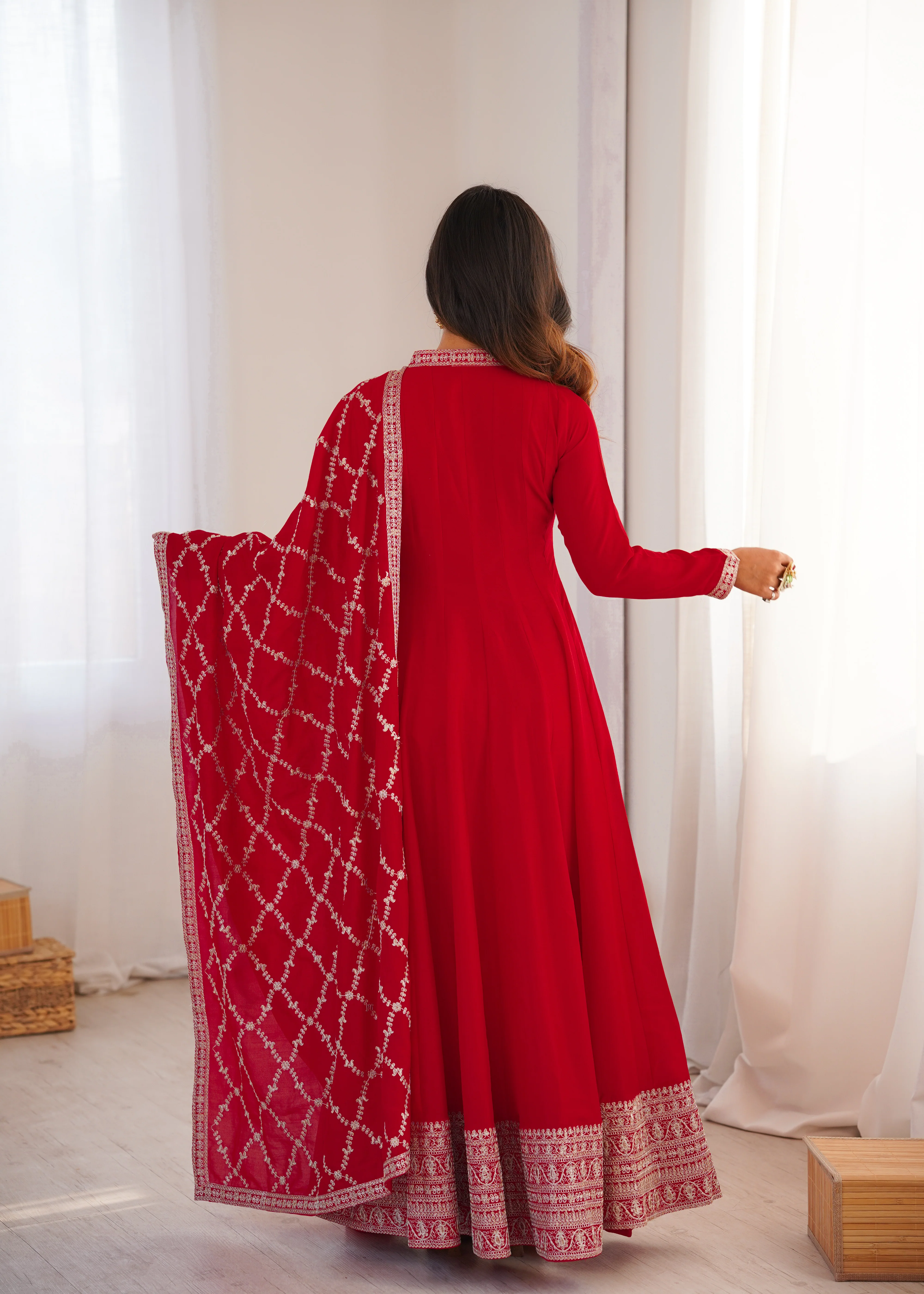 Royal Red Full Flare Vichitra Silk Anarkali Gown with Fancy Dupatta - Image 5