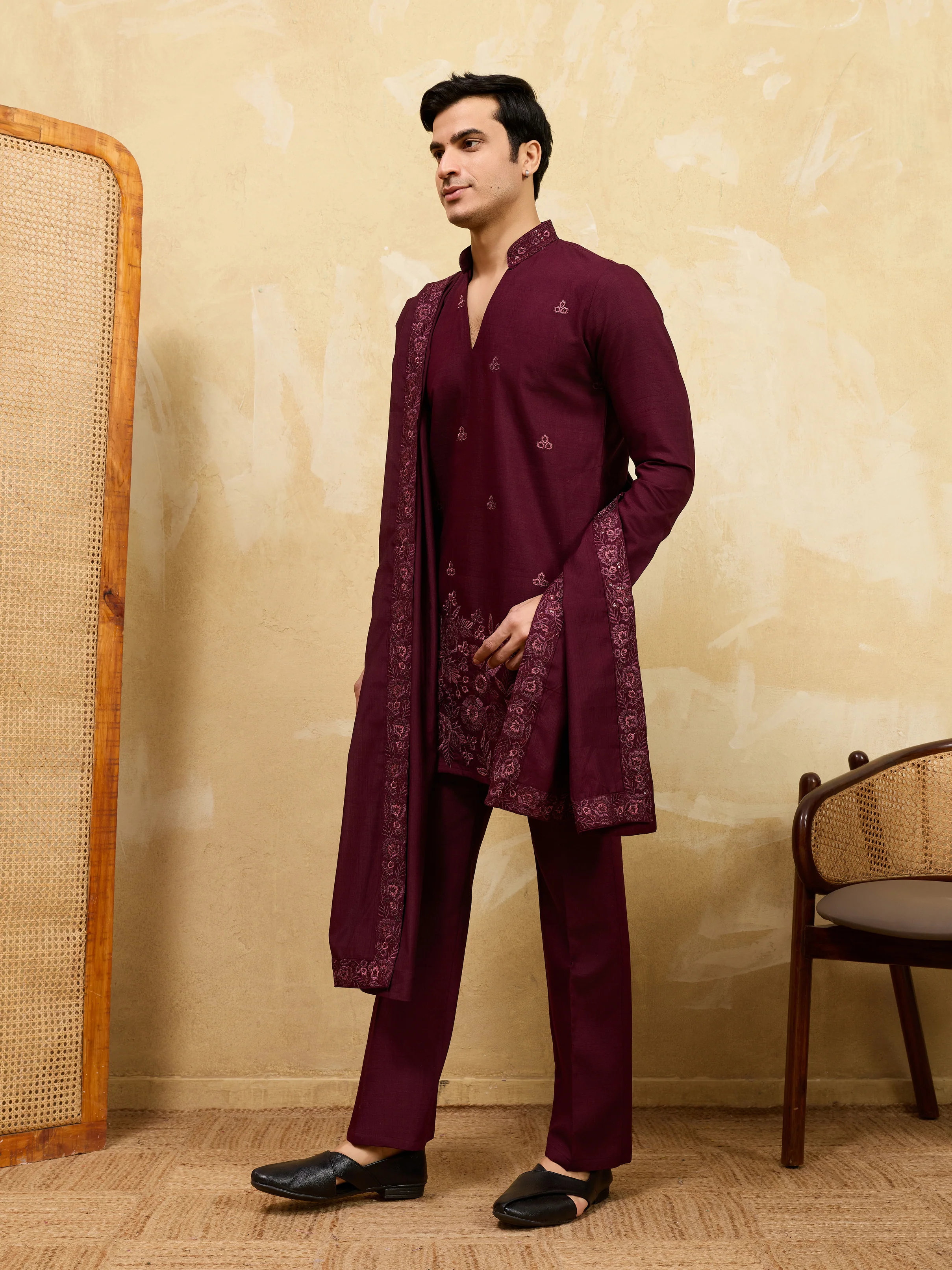 Royal Wine Viscose Silk Thread & Sequence Work Kurta & Dupatta Set - Image 6