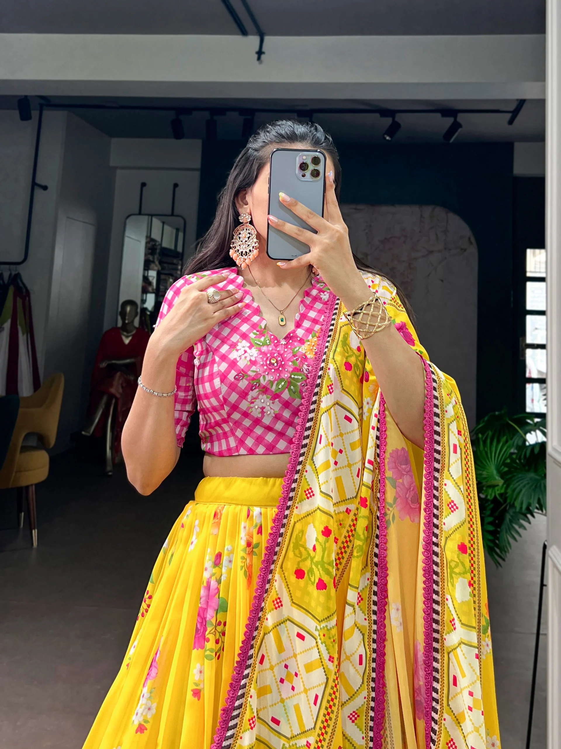 Royal Yellow Floral Print Georgette Lehenga Set for Special Occasions - Image 4