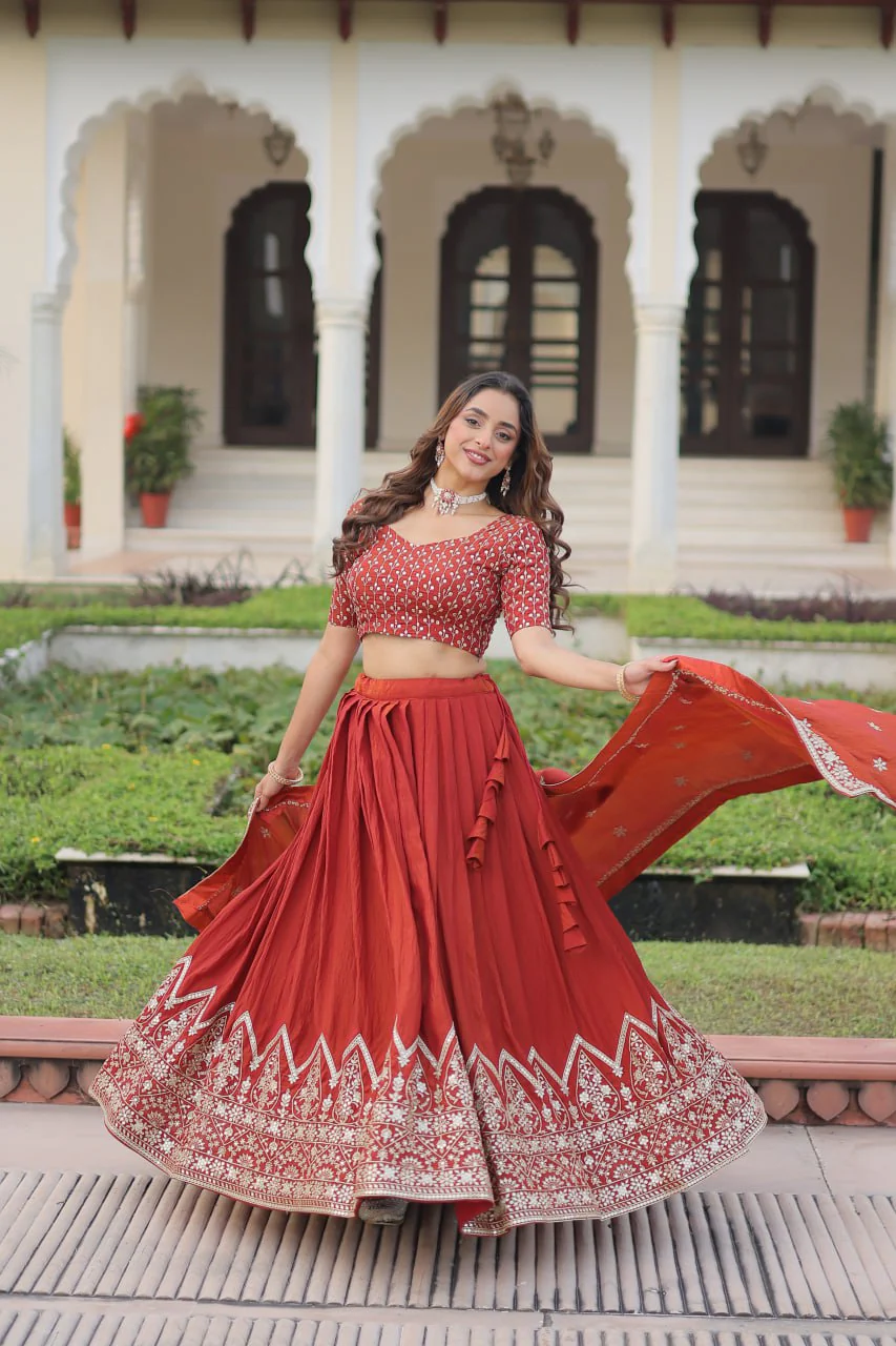 Rust Orange Embroidered Vichitra Silk Lehenga Choli with Dupatta - Image 2