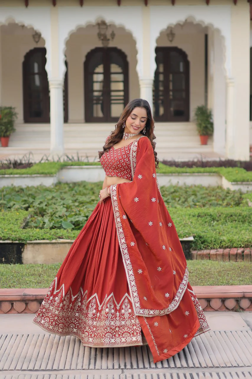 Rust Orange Embroidered Vichitra Silk Lehenga Choli with Dupatta - Image 3