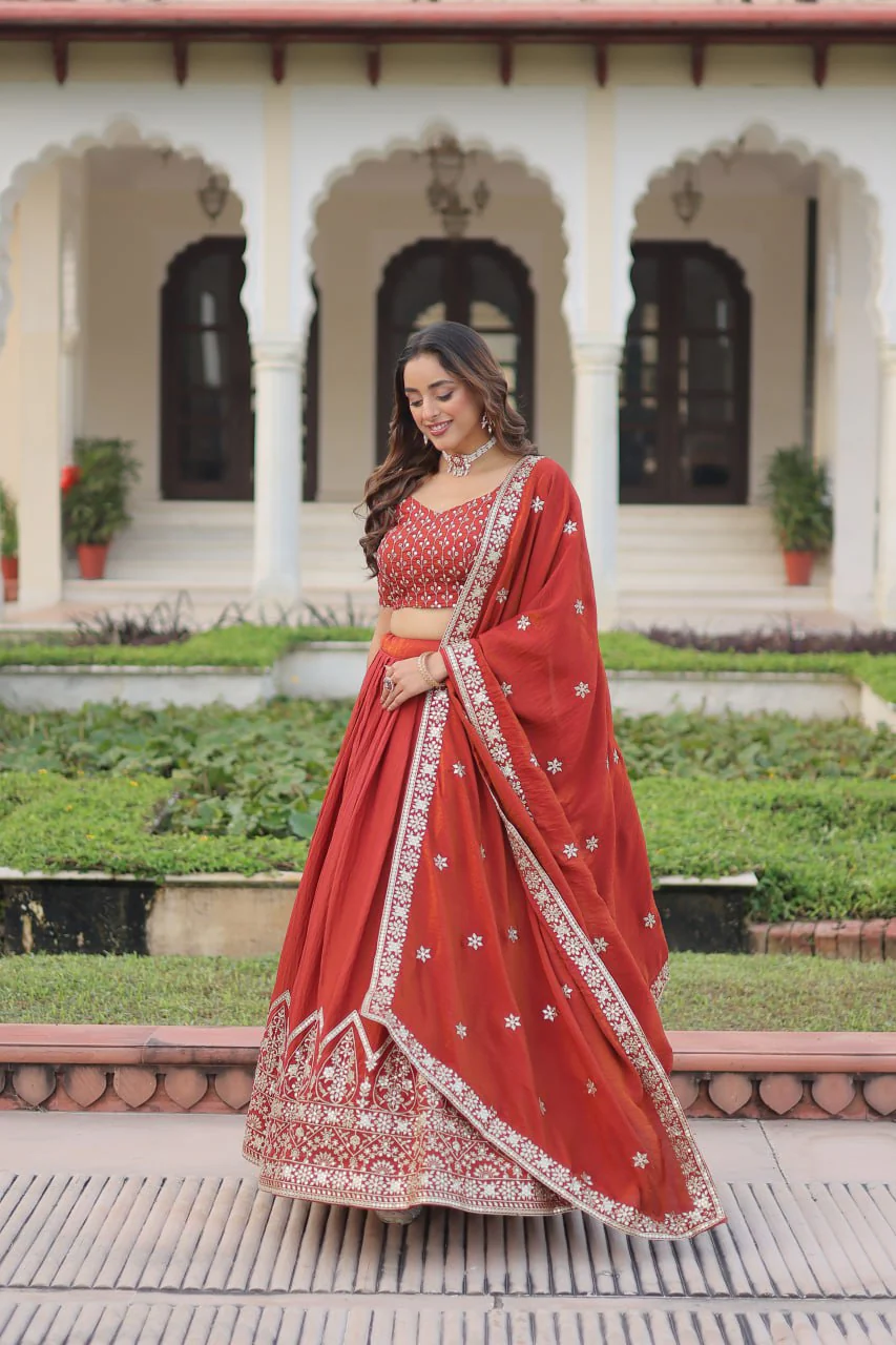 Rust Orange Embroidered Vichitra Silk Lehenga Choli with Dupatta - Image 4