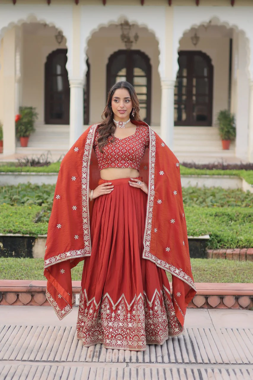 Rust Orange Embroidered Vichitra Silk Lehenga Choli with Dupatta - Image 5