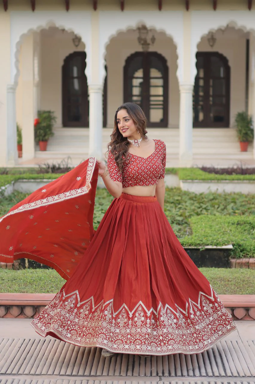 Rust Orange Embroidered Vichitra Silk Lehenga Choli with Dupatta - Image 6