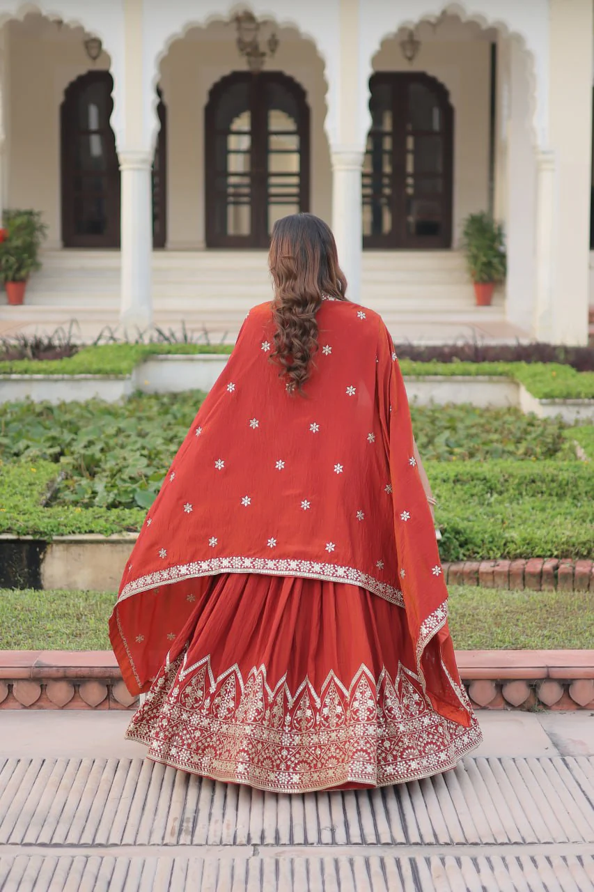 Rust Orange Embroidered Vichitra Silk Lehenga Choli with Dupatta - Image 7