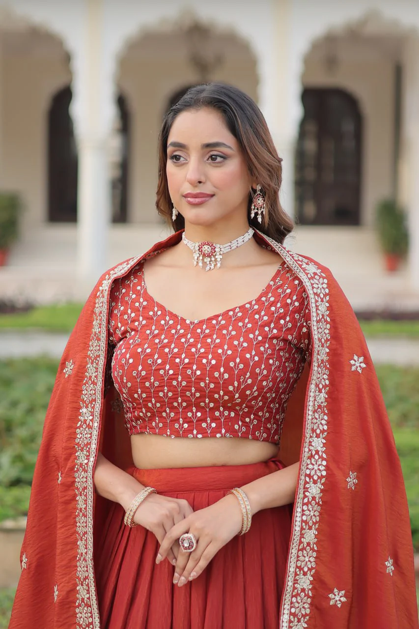 Rust Orange Embroidered Vichitra Silk Lehenga Choli with Dupatta - Image 8