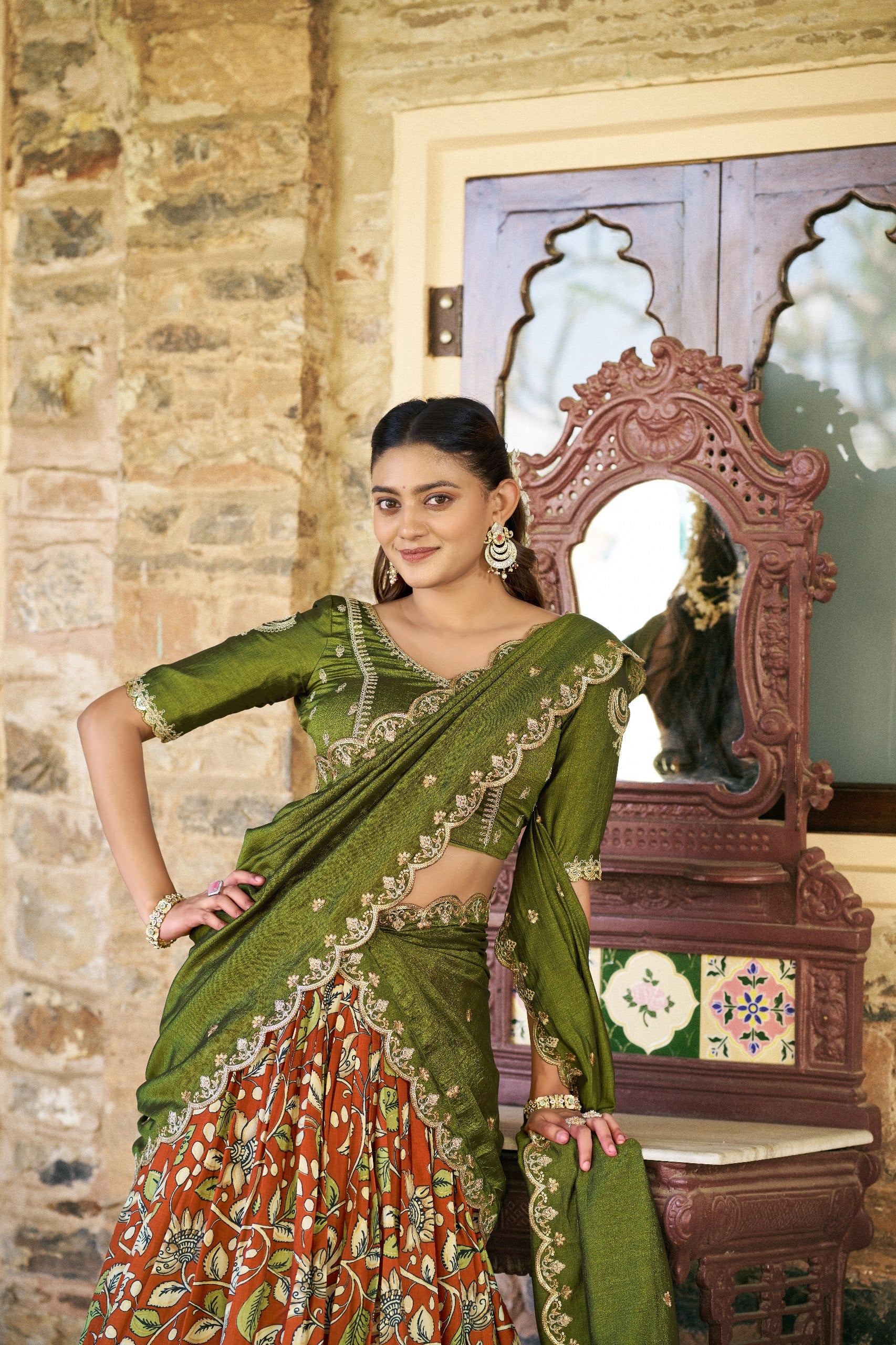 Rust Orange Tasar Silk Kalamkari Print Lehenga Choli with Dupatta Set - Image 2