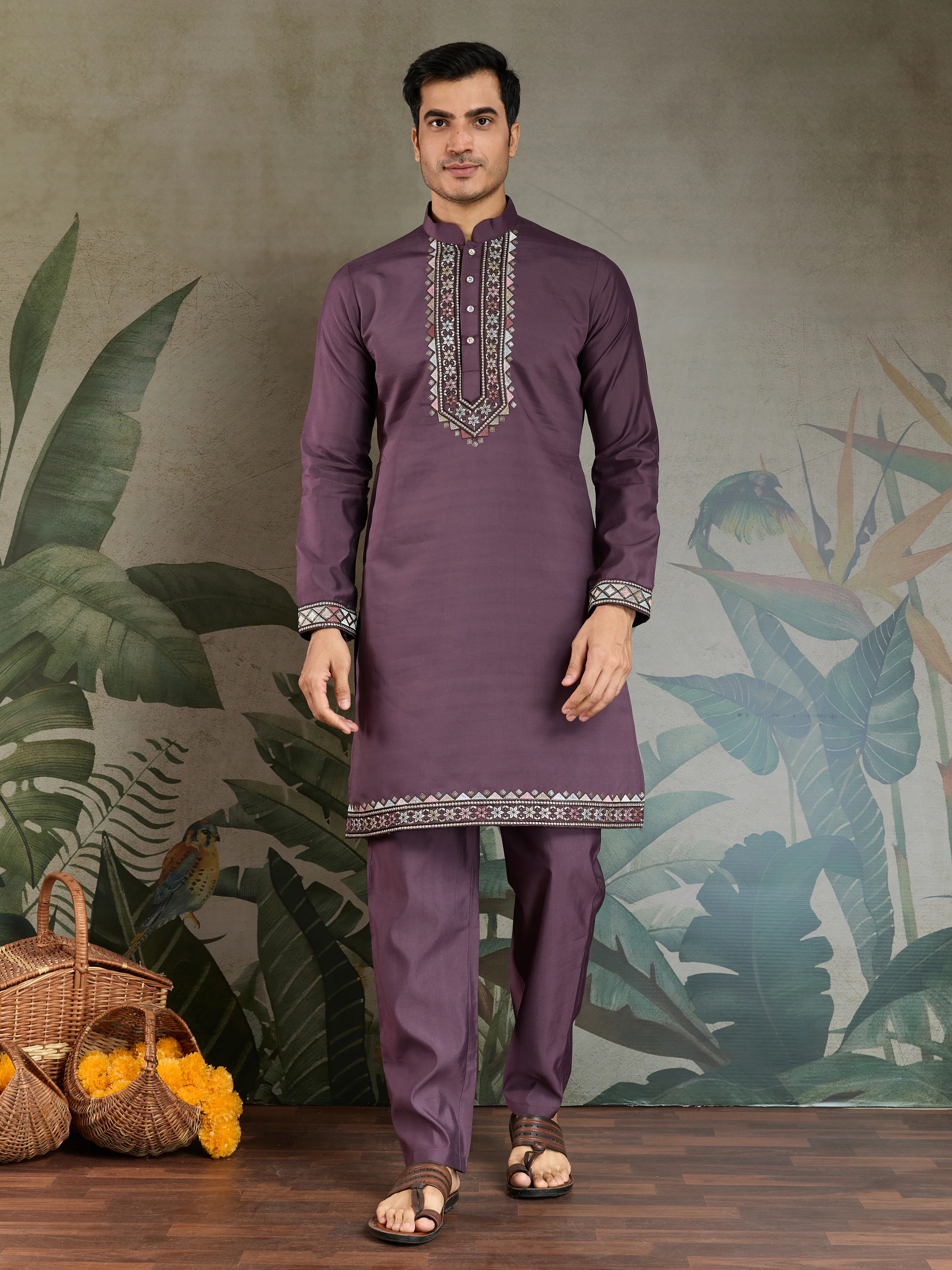 Rust Purple Open Koti Style Kurta Pajama Set for Men - Image 4