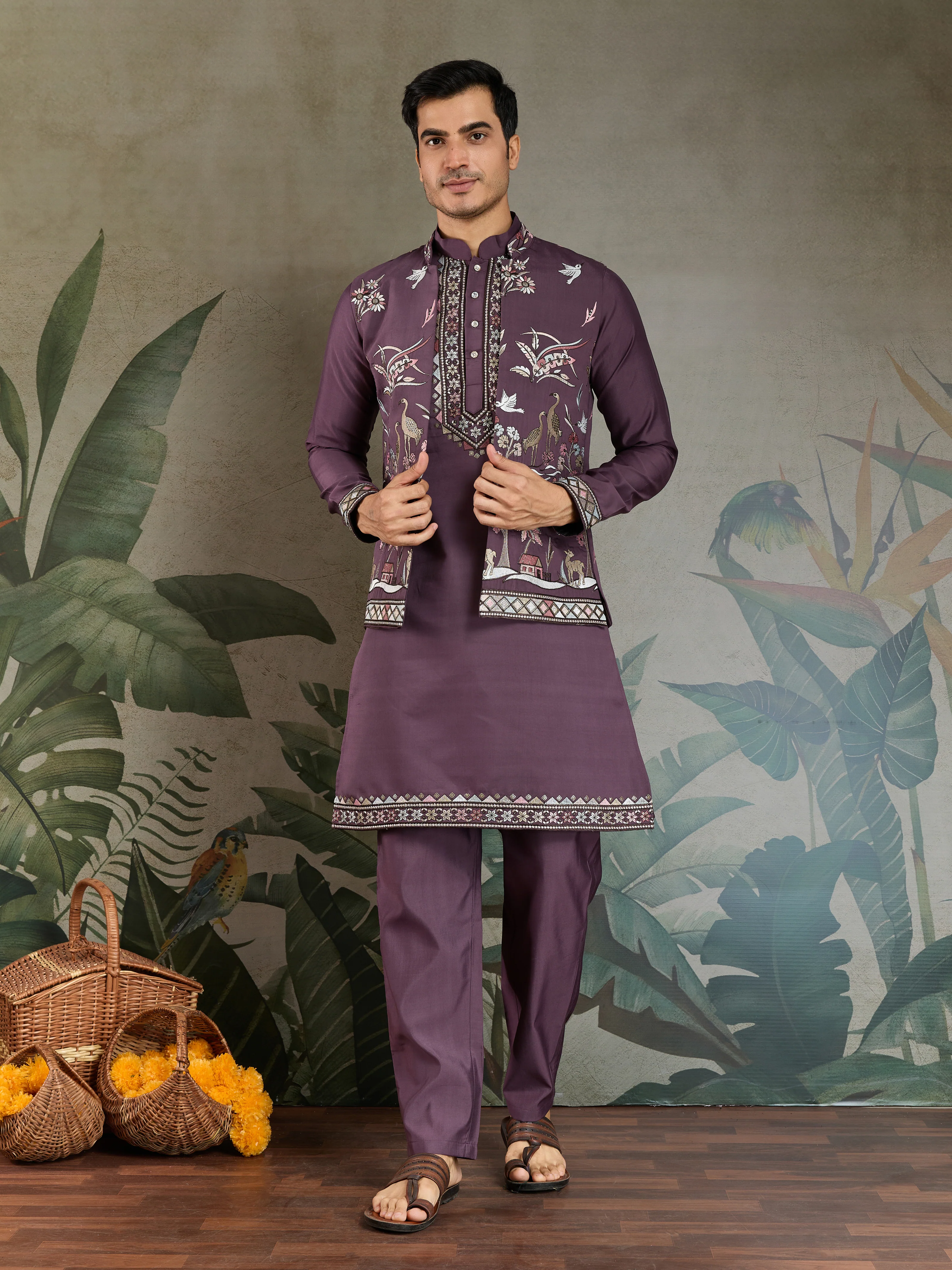 Rust Purple Open Koti Style Kurta Pajama Set for Men - Image 5
